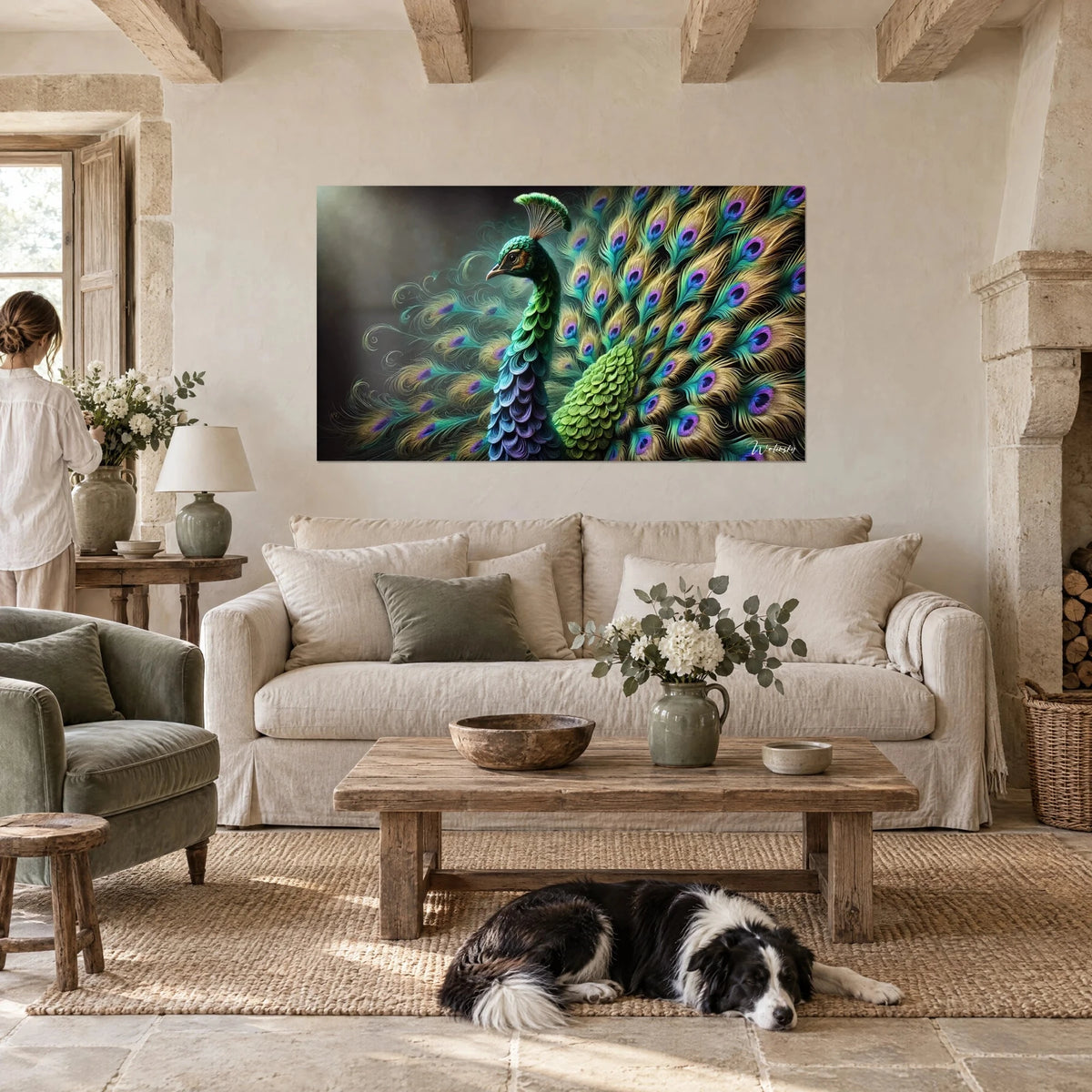 Quadro pavone con piume ocellate verde smeraldo e viola, coda a ventaglio, sopra un divano in un soggiorno luminoso