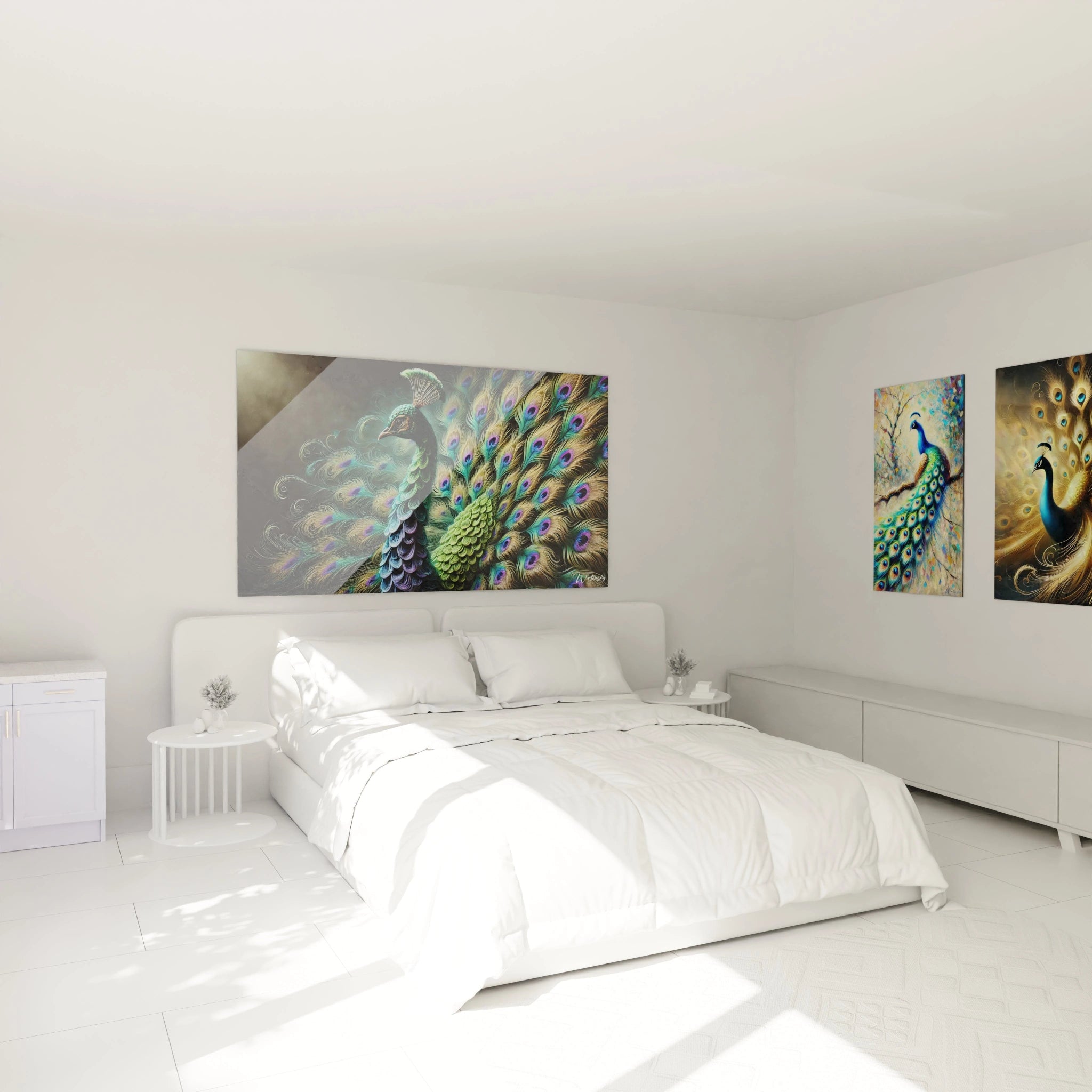 Ce tableau paon, majestueusement accroché au-dessus d’un lit, ajoute une touche d’élégance exotique à la chambre. Les couleurs vives du plumage créent une ambiance apaisante et sophistiquée.