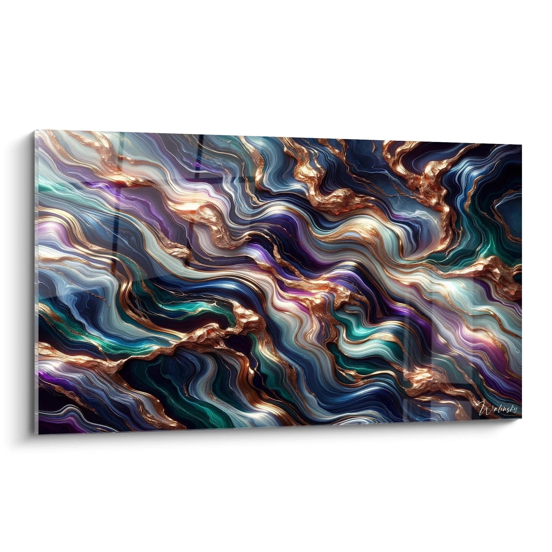 Tableau abstrait représentant des veines marbrées avec filons métalliques. Palette riche de bleu marine, turquoise, violet profond et blanc nacré traversée de veines cuivrées. Texture lisse et brillante évoquant des flux liquides figés. Composition ondulante avec strates colorées et lignes sinueuses dorées créant un effet de profondeur et de mouvement.

