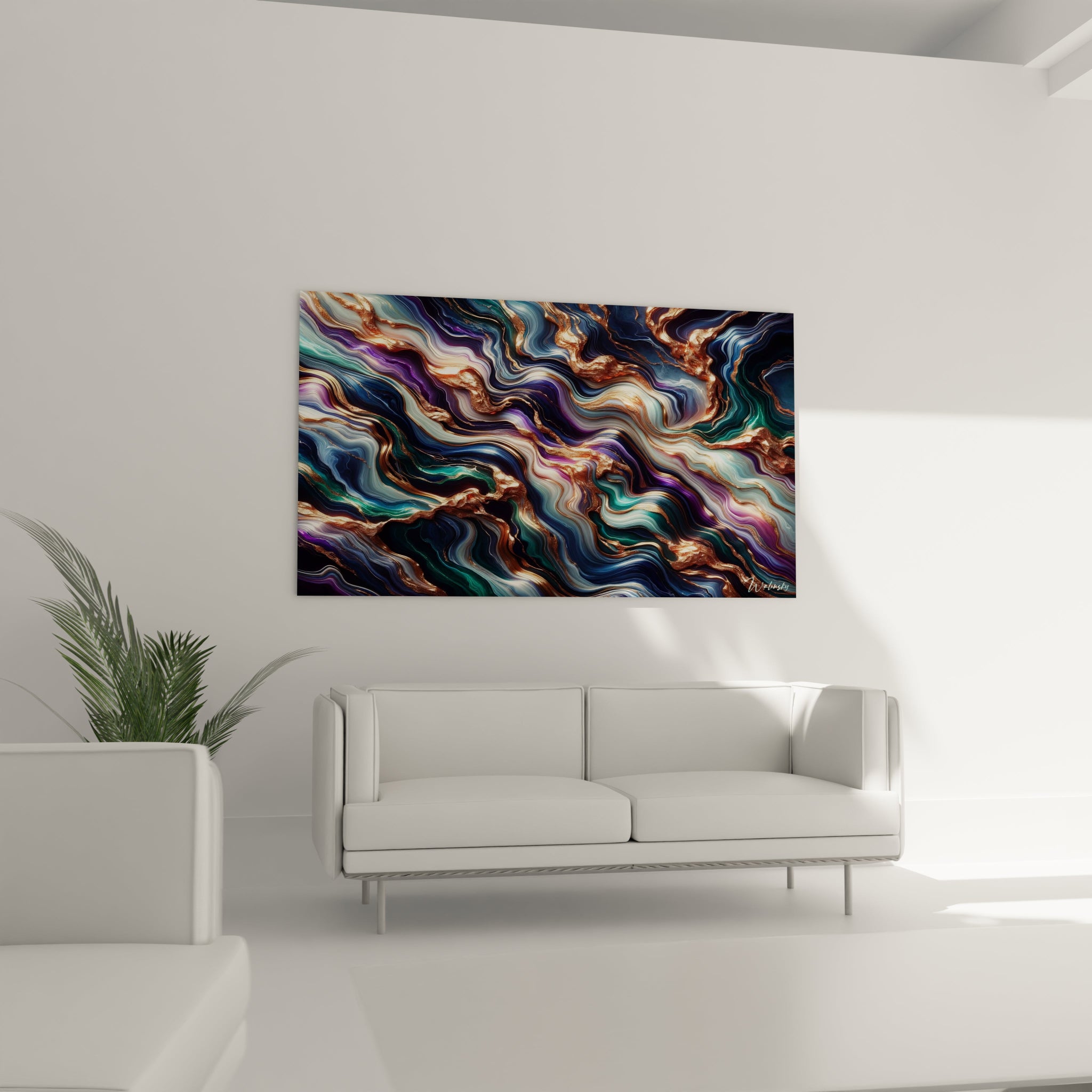 Tableau abstrait montrant un motif géologique stylisé aux teintes précieuses. Spectre chromatique alliant bleu saphir, vert jade, violet royal et blanc crémeux avec fissures bronze doré. Effet visuel de pierre polie avec strates ondoyantes et inclusions métalliques. Composition fluide avec courants entrecroisés et veines cuivrées créant un contraste lumineux sur fond sombre.
