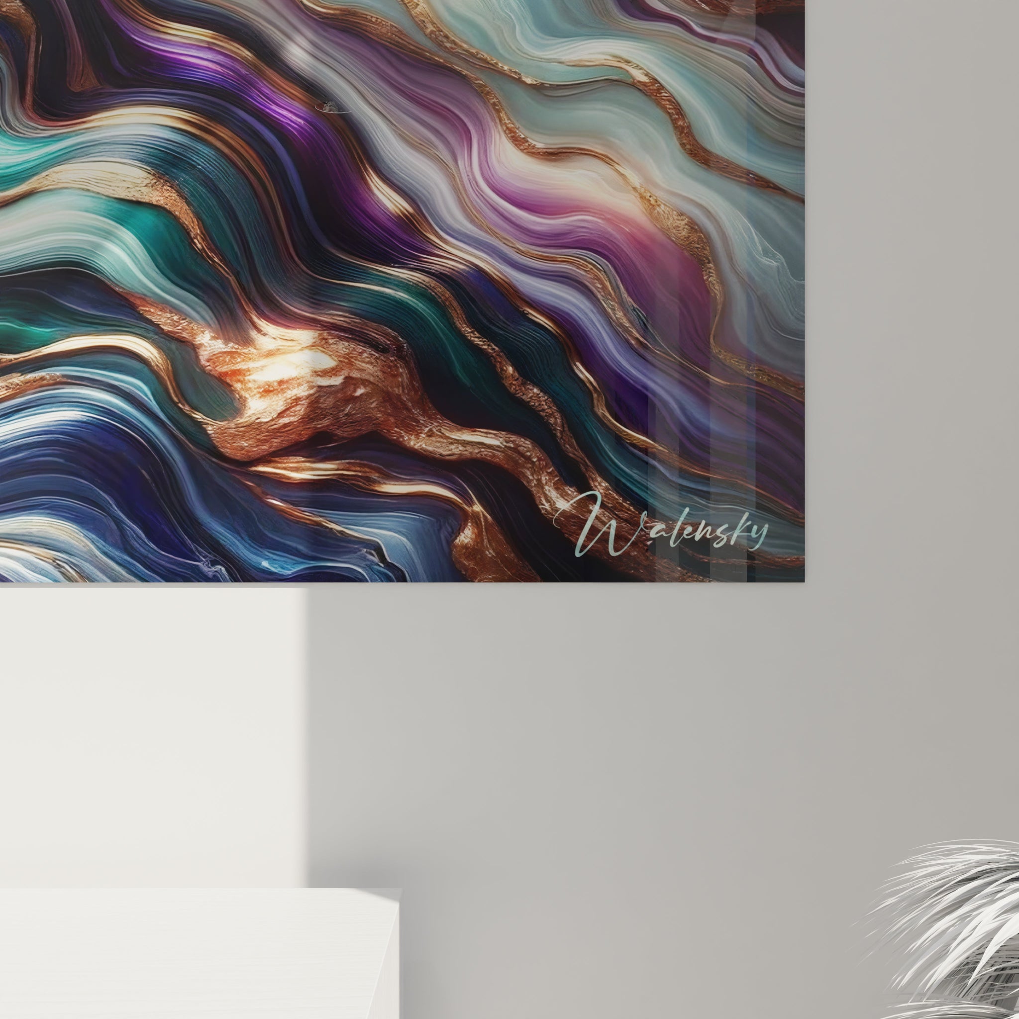 Tableau abstrait présentant des flux marbrés aux veines métallisées. Gamme colorée de bleu outremer, vert d'eau, lilas et blanc opalescent avec réseau cuivré éclatant. Texture lisse rappelant des matières précieuses avec ondulations multidirectionnelles et lignes dorées. Motif organique de couches fluides entrelacées et failles brillantes évoquant une géologie imaginaire luxueuse.
