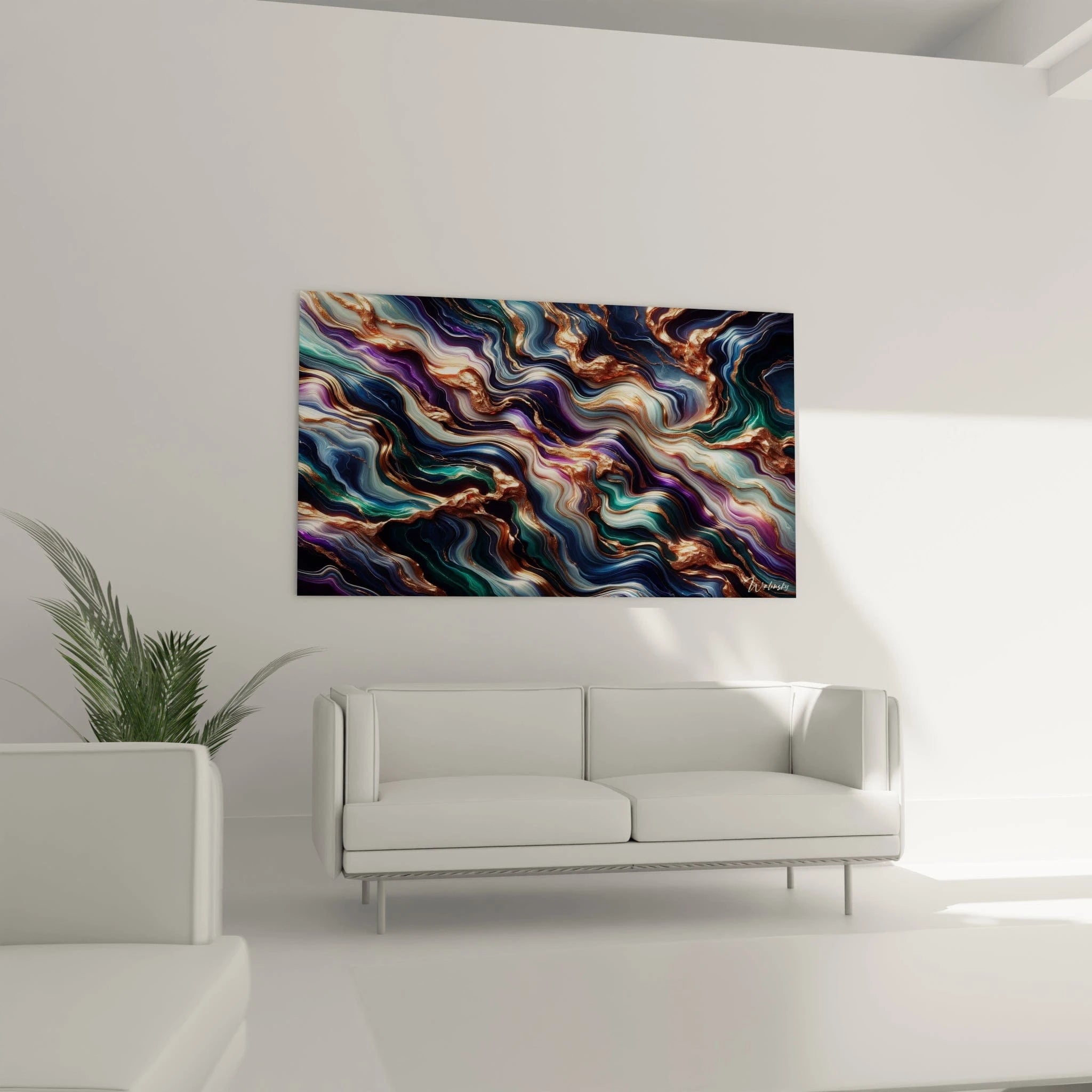 Tableau abstrait montrant un motif géologique stylisé aux teintes précieuses. Spectre chromatique alliant bleu saphir, vert jade, violet royal et blanc crémeux avec fissures bronze doré. Effet visuel de pierre polie avec strates ondoyantes et inclusions métalliques. Composition fluide avec courants entrecroisés et veines cuivrées créant un contraste lumineux sur fond sombre.

