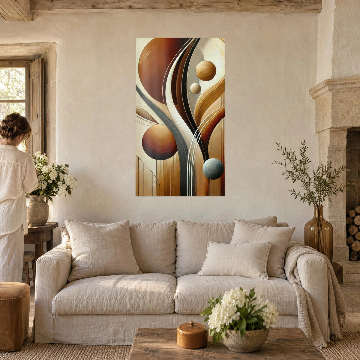 Tableau sphères cuivrées sur courbes ivoire et grises, touches empâtées, personne de dos au-dessus d'un canapé dans un salon lumineux