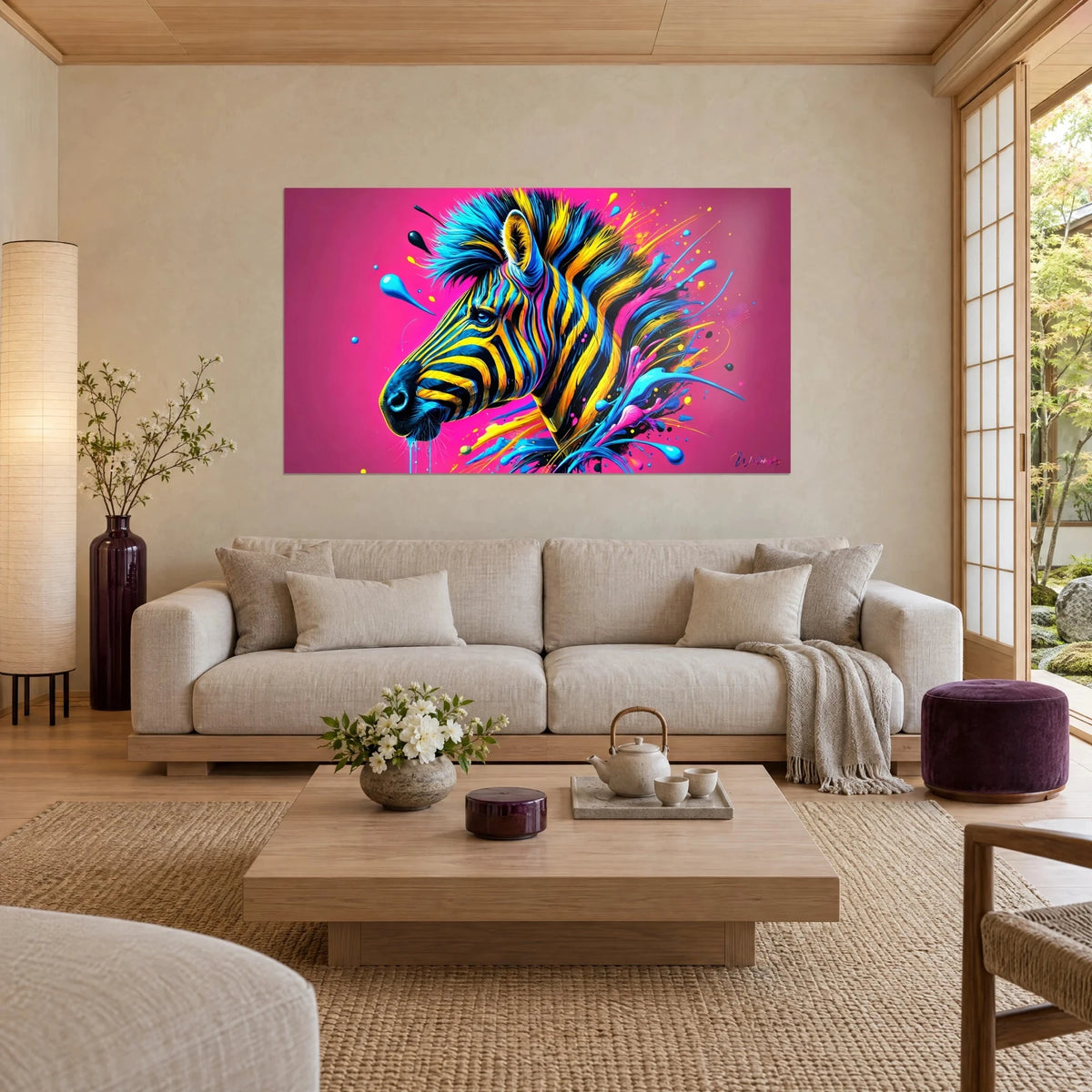 Tableau zèbre pop aux rayures jaunes et bleues sur fond rose fuchsia, éclaboussures de peinture, au-dessus d'un canapé dans un salon lumineux