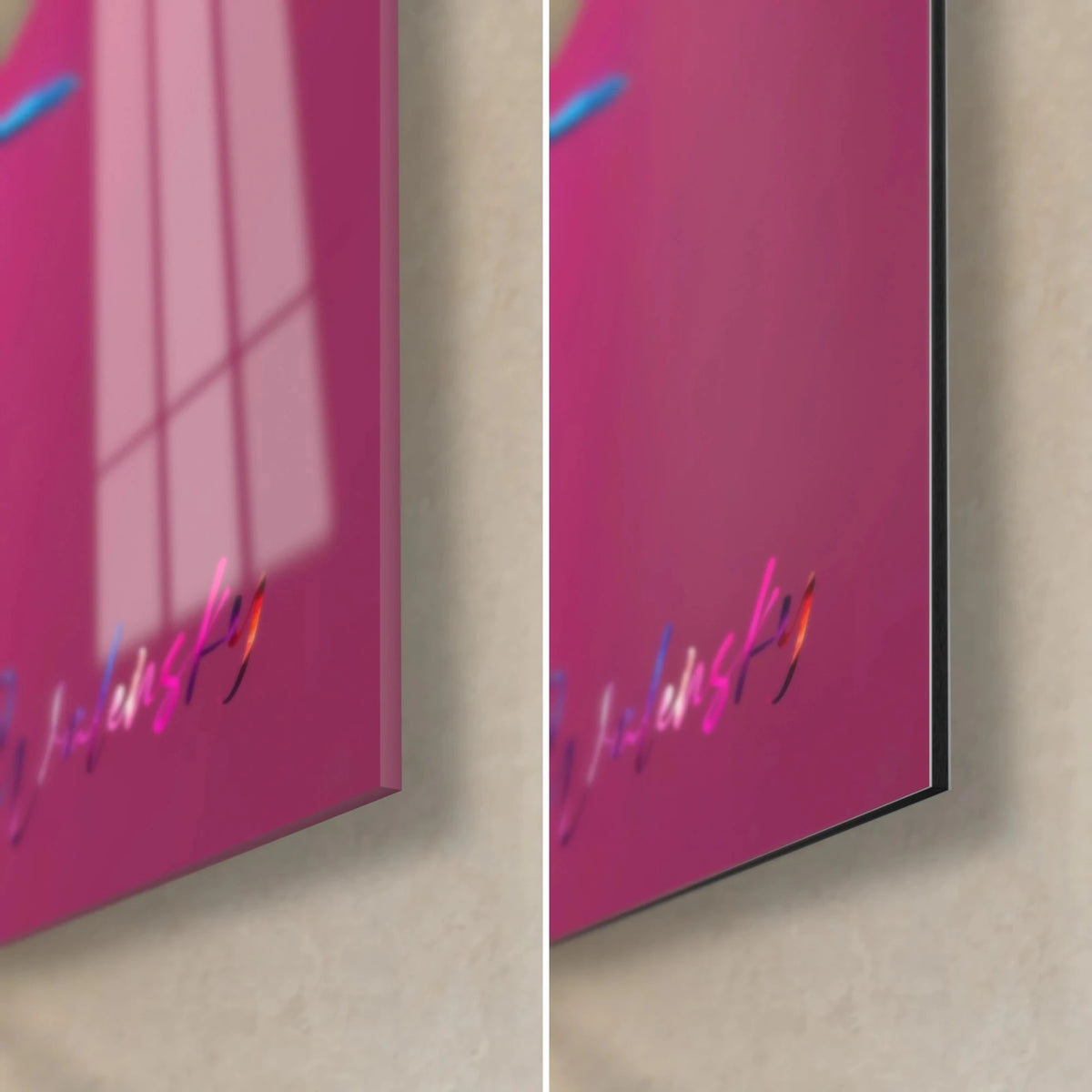 Tableau zèbre aux rayures jaunes et noires, coin bas droit : verre acrylique brillant à gauche, alu Dibond mat à droite, tranche de 3 mm