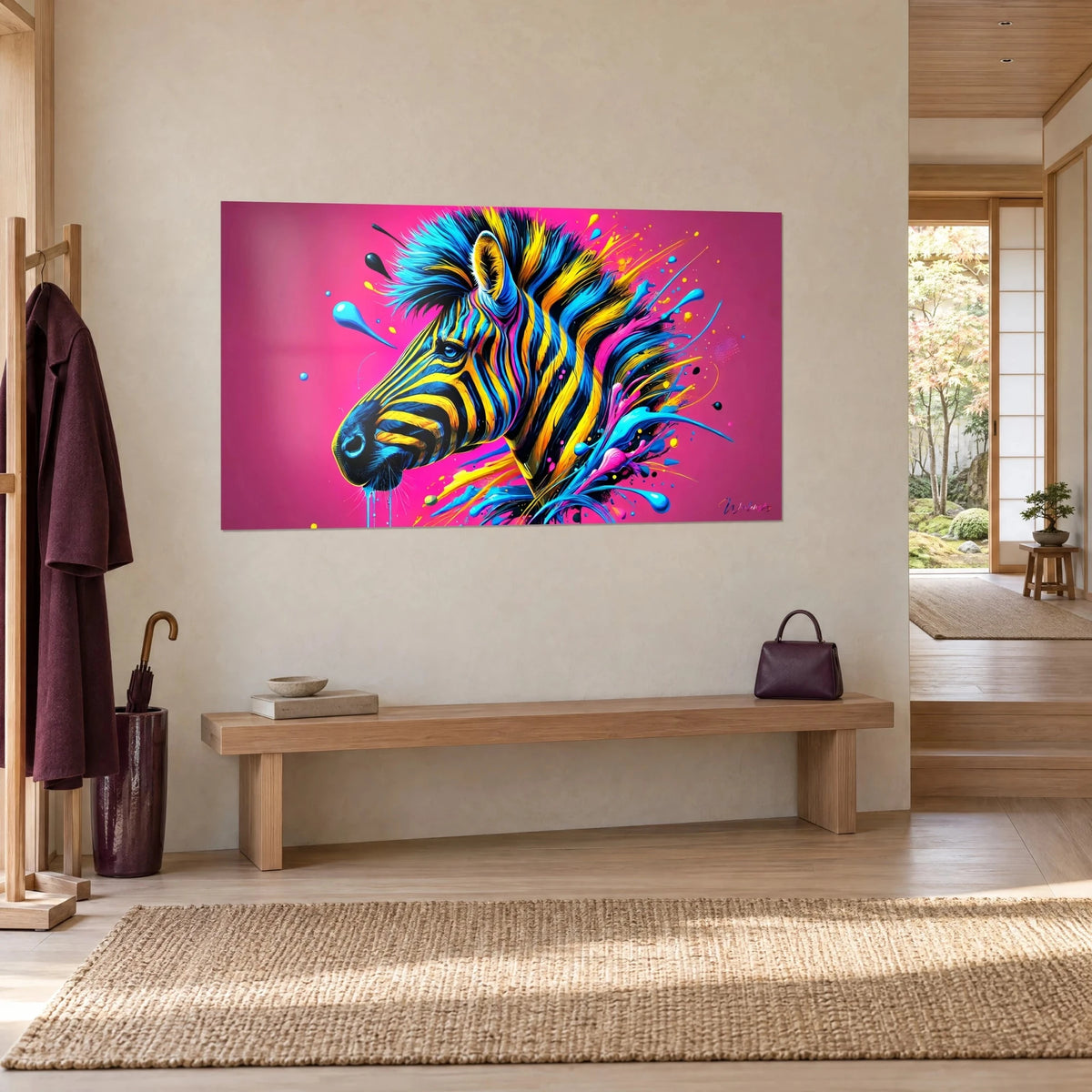 Tableau portrait de zèbre en profil, crinière bleu électrique et jaune éclatant, gouttes de peinture, accroché sur un mur beige près d'un banc en bois