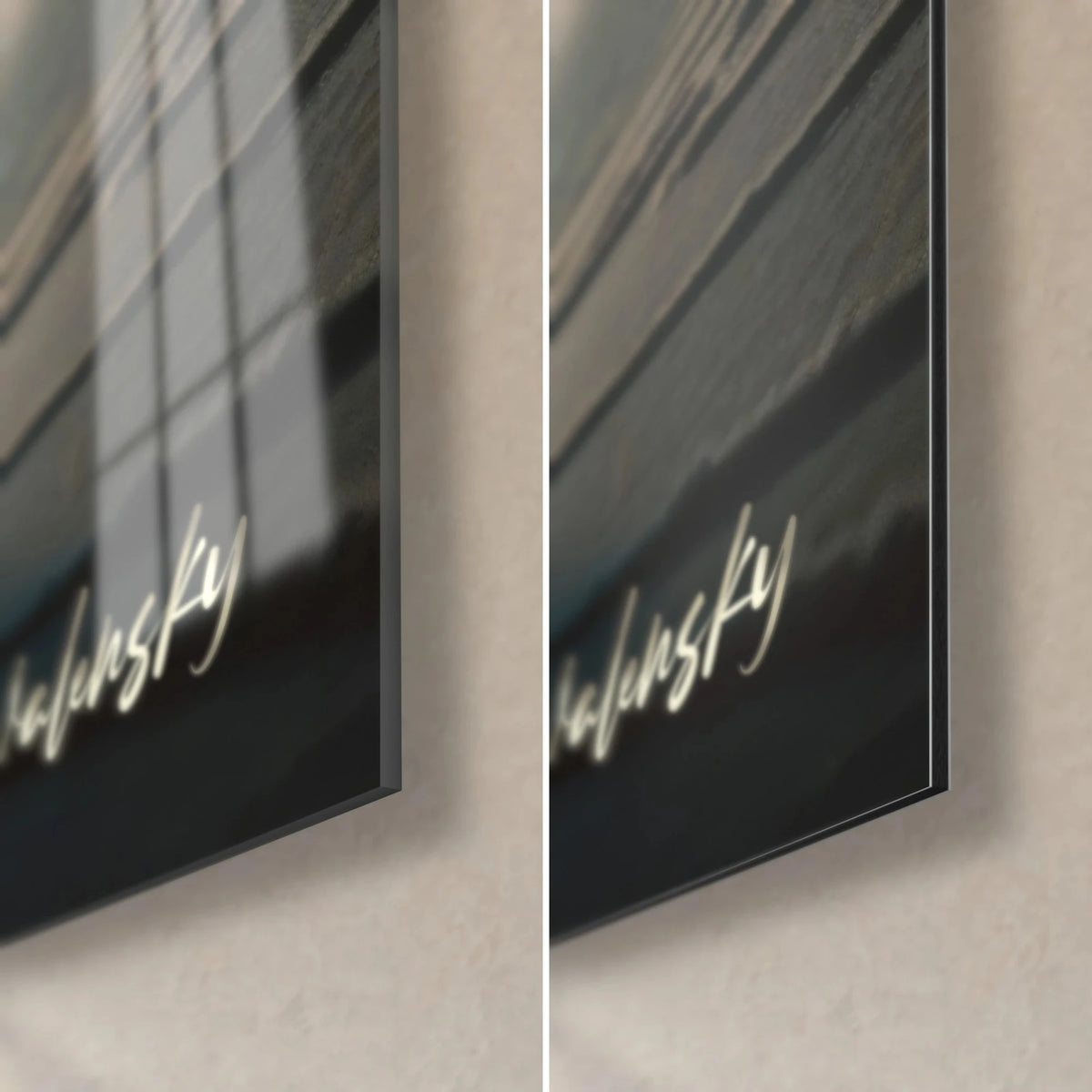 Wall art Elephant in backlight, bottom right corner: glossy acrylic glass on the left, matte black Dibond aluminium on the right, 3 mm edge