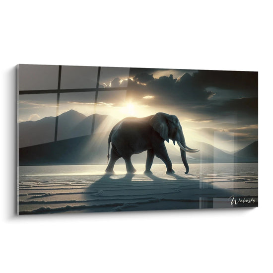 Un quadro di animale che rappresenta un elefante che cammina su una superficie piana e luminosa. La sagoma grigia dell'animale si staglia contro un cielo drammatico dove il sole filtra attraverso nuvole scure. I raggi di luce creano un effetto di controluce sulle montagne sullo sfondo e proiettano l'ombra dell'elefante sul terreno texture.
