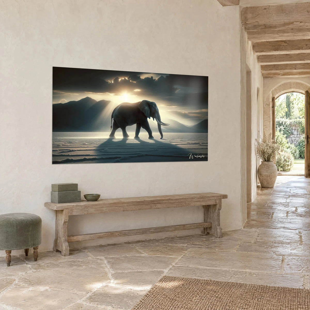 Wall art Elephant walking across a white salt plain, midnight blue mountains and golden sun, in a stone house