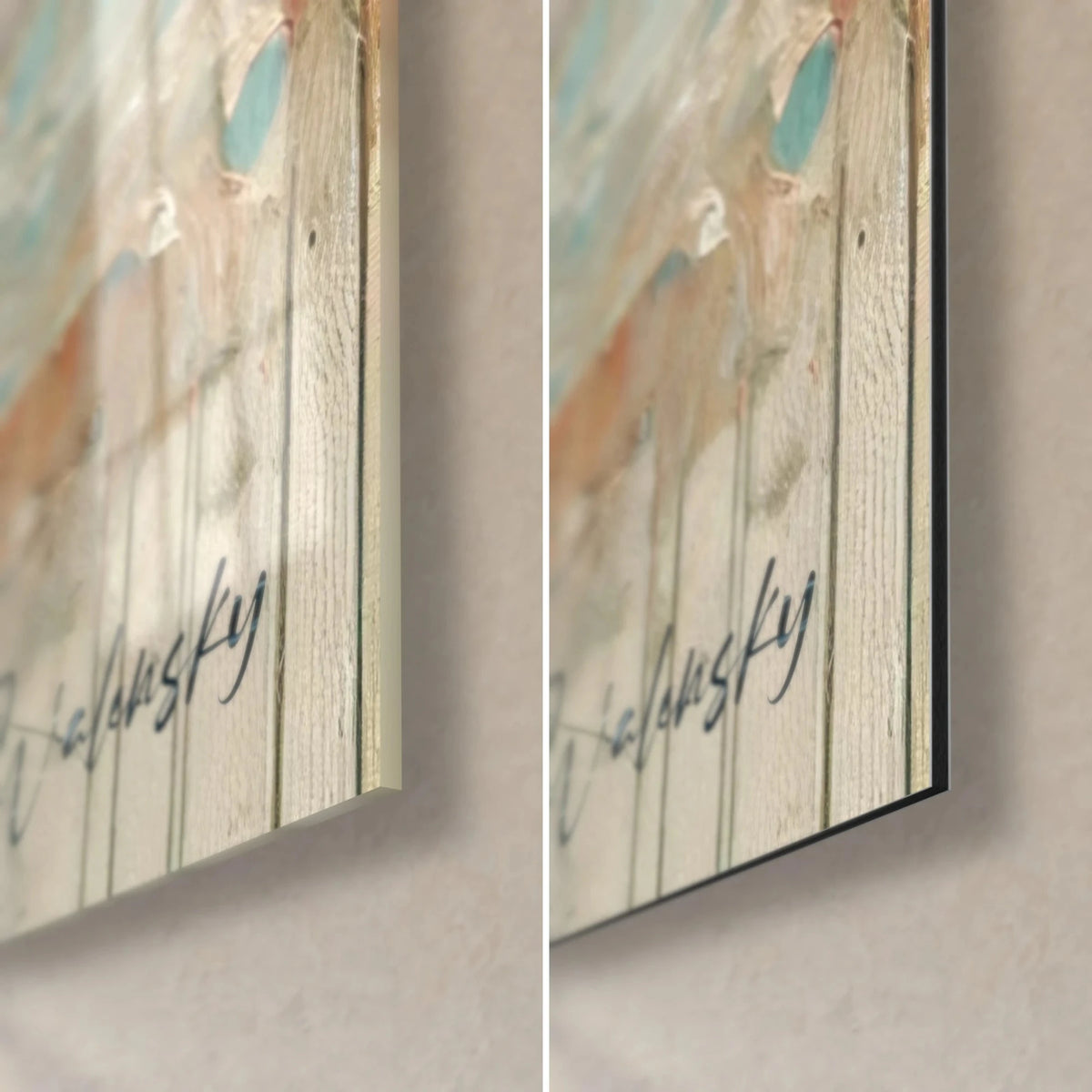Wall art pearly seahorse, bottom right corner: glossy acrylic glass on the left, matte Dibond aluminium on the right, black signature, 3 mm edge
