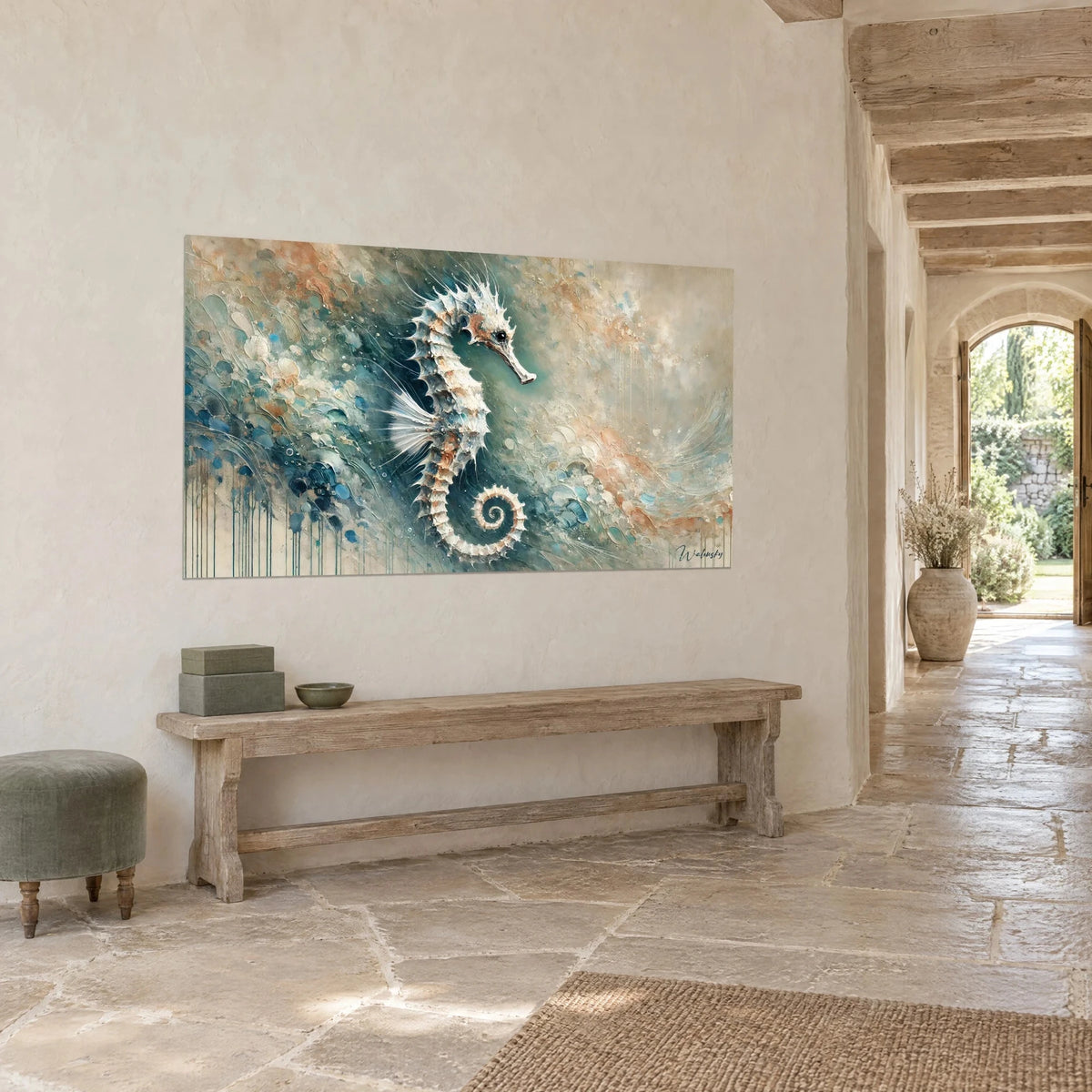 Wall art off-white seahorse, spiral tail, on petrol blue and beige background, stone wall of a country hallway