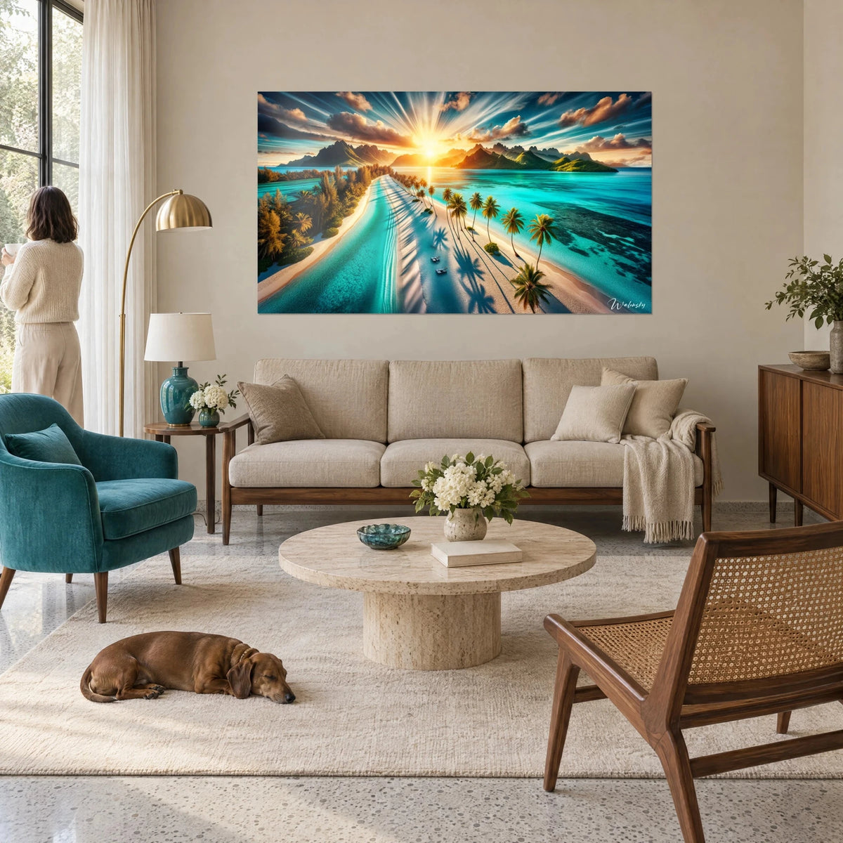 Tableau île tropicale sous un soleil rayonnant, lagon turquoise, palmiers dorés, au-dessus d'un canapé dans un salon lumineux