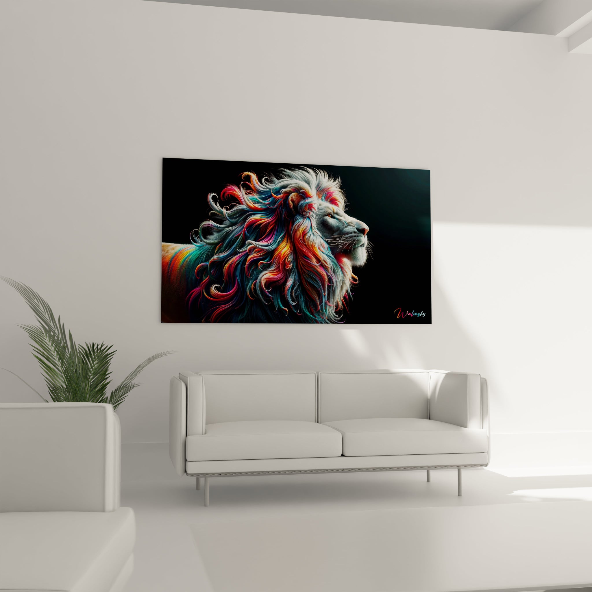 Un tableau d'animal montrant un lion au visage gris pâle et à la crinière spectaculaire composée de mèches colorées ondulantes. Les couleurs vives comme le rouge, le bleu, le turquoise et le rose se mélangent harmonieusement dans une texture fluide et mobile. Le contraste entre la précision anatomique du museau et l'explosion chromatique de la crinière crée un effet saisissant.
