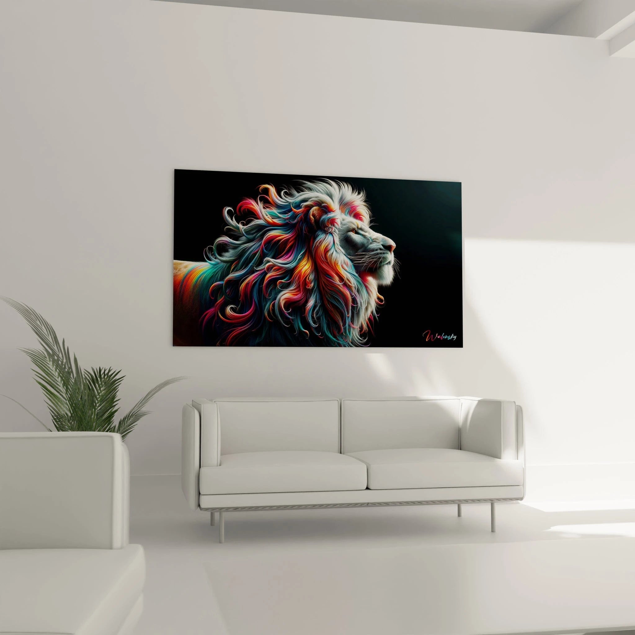 Un tableau d'animal montrant un lion au visage gris pâle et à la crinière spectaculaire composée de mèches colorées ondulantes. Les couleurs vives comme le rouge, le bleu, le turquoise et le rose se mélangent harmonieusement dans une texture fluide et mobile. Le contraste entre la précision anatomique du museau et l'explosion chromatique de la crinière crée un effet saisissant.
