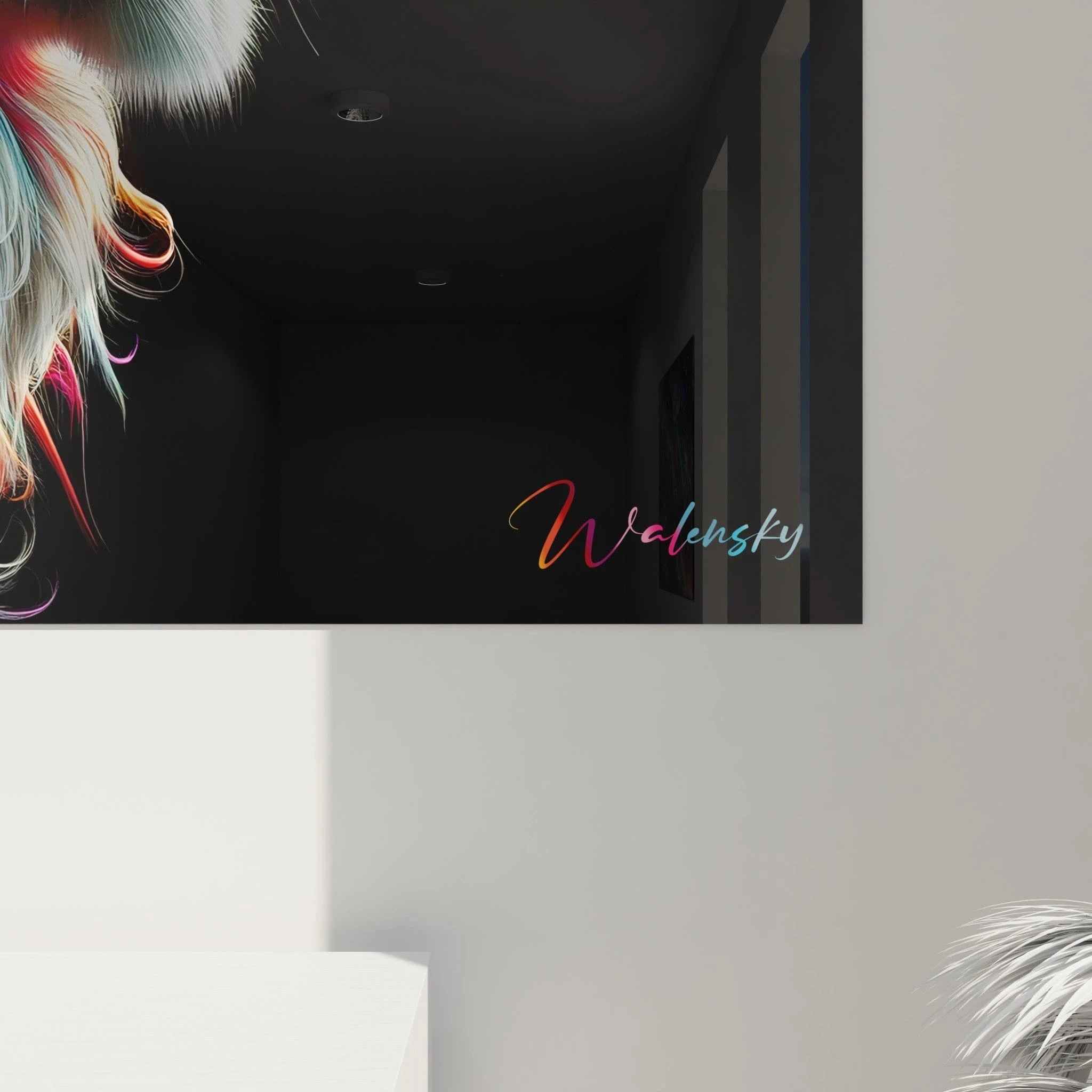 Un tableau d'animal présentant un lion dont la crinière est composée de filaments colorés aux teintes arc-en-ciel sur fond noir. La texture détaillée du visage gris clair, avec ses traits réalistes, est mise en valeur par l'exubérance des poils multicolores qui semblent flotter autour de la tête. Chaque mèche individuelle présente des dégradés de couleurs allant du blanc au rouge, bleu, turquoise et rose.
