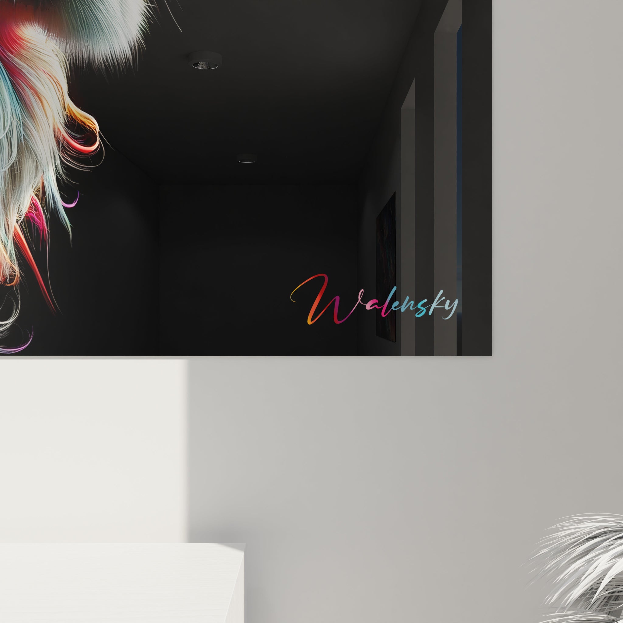 Un tableau d'animal présentant un lion dont la crinière est composée de filaments colorés aux teintes arc-en-ciel sur fond noir. La texture détaillée du visage gris clair, avec ses traits réalistes, est mise en valeur par l'exubérance des poils multicolores qui semblent flotter autour de la tête. Chaque mèche individuelle présente des dégradés de couleurs allant du blanc au rouge, bleu, turquoise et rose.
