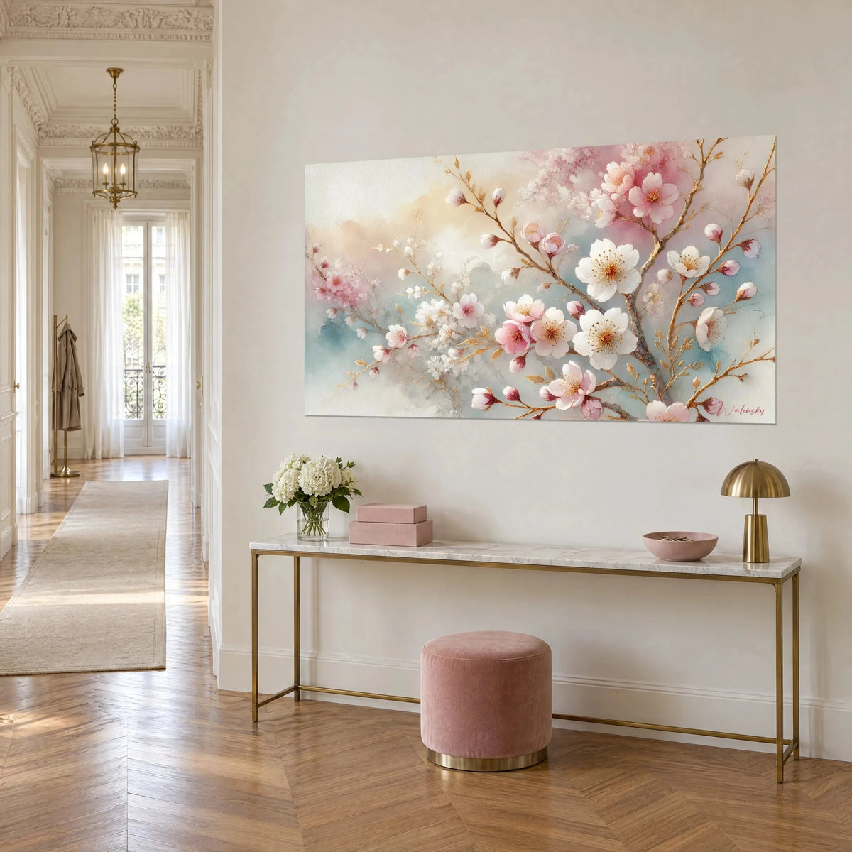 Tableau branches de sakura fleuries, pétales ivoire et rose poudré sur fond turquoise pâle, au-dessus d'une console dorée