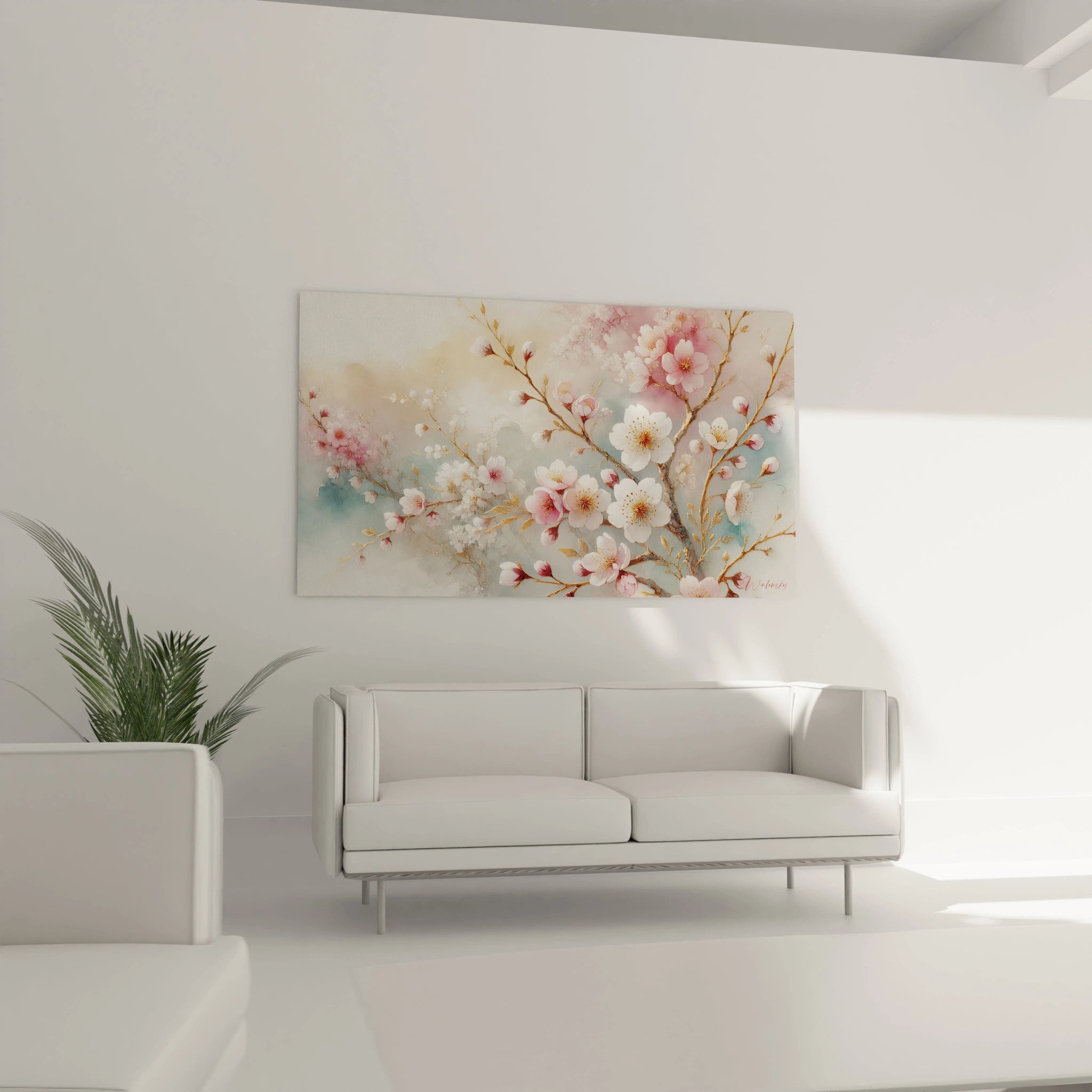 Ce tableau sakura illumine le salon au-dessus du canapé, chaque branche delicate evoque un instant de quietude et de reve, transformant la piece en un havre de paix.

