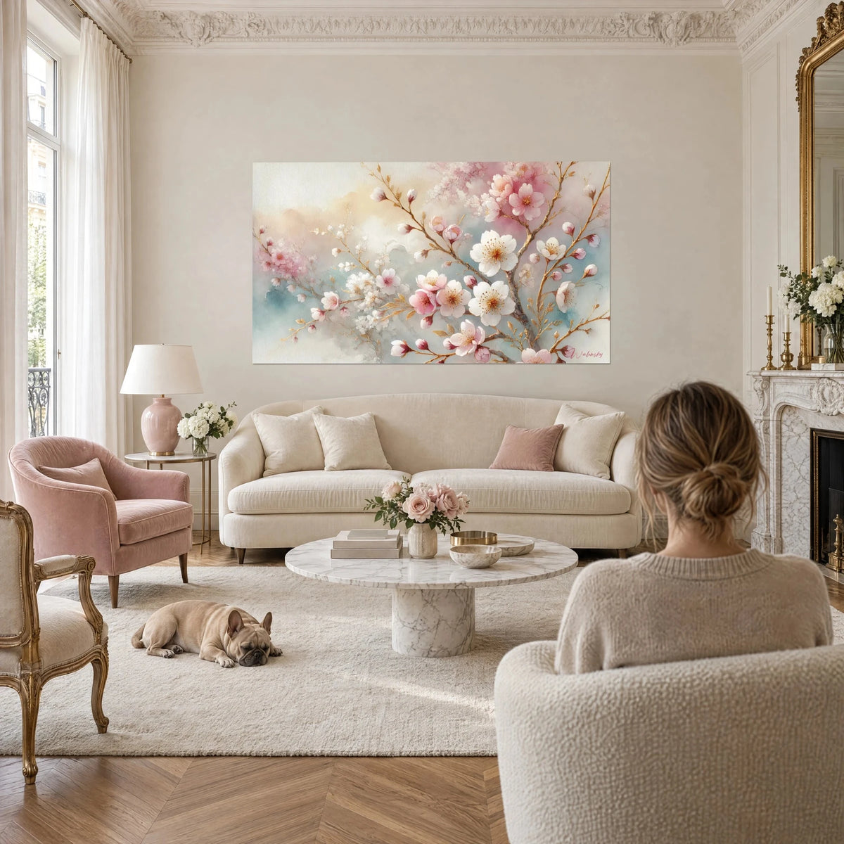 Tableau cerisier en fleurs rose et blanc aux branches dorées, accroché au-dessus d'un canapé dans un salon lumineux