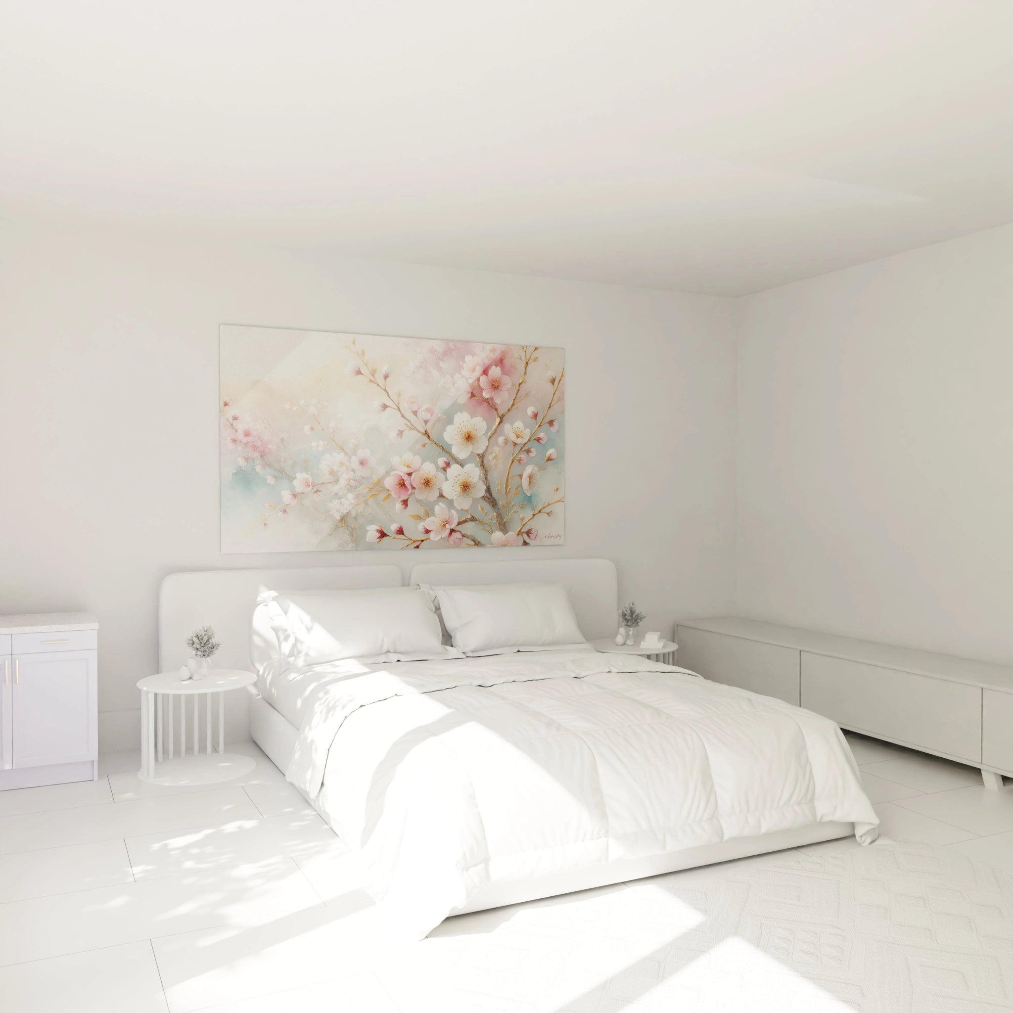 Tableau sakura suspendu au-dessus du lit, apportant une ambiance apaisante et poetique a la chambre. La douce melancolie du printemps anime l’espace de serenite et de grace.

