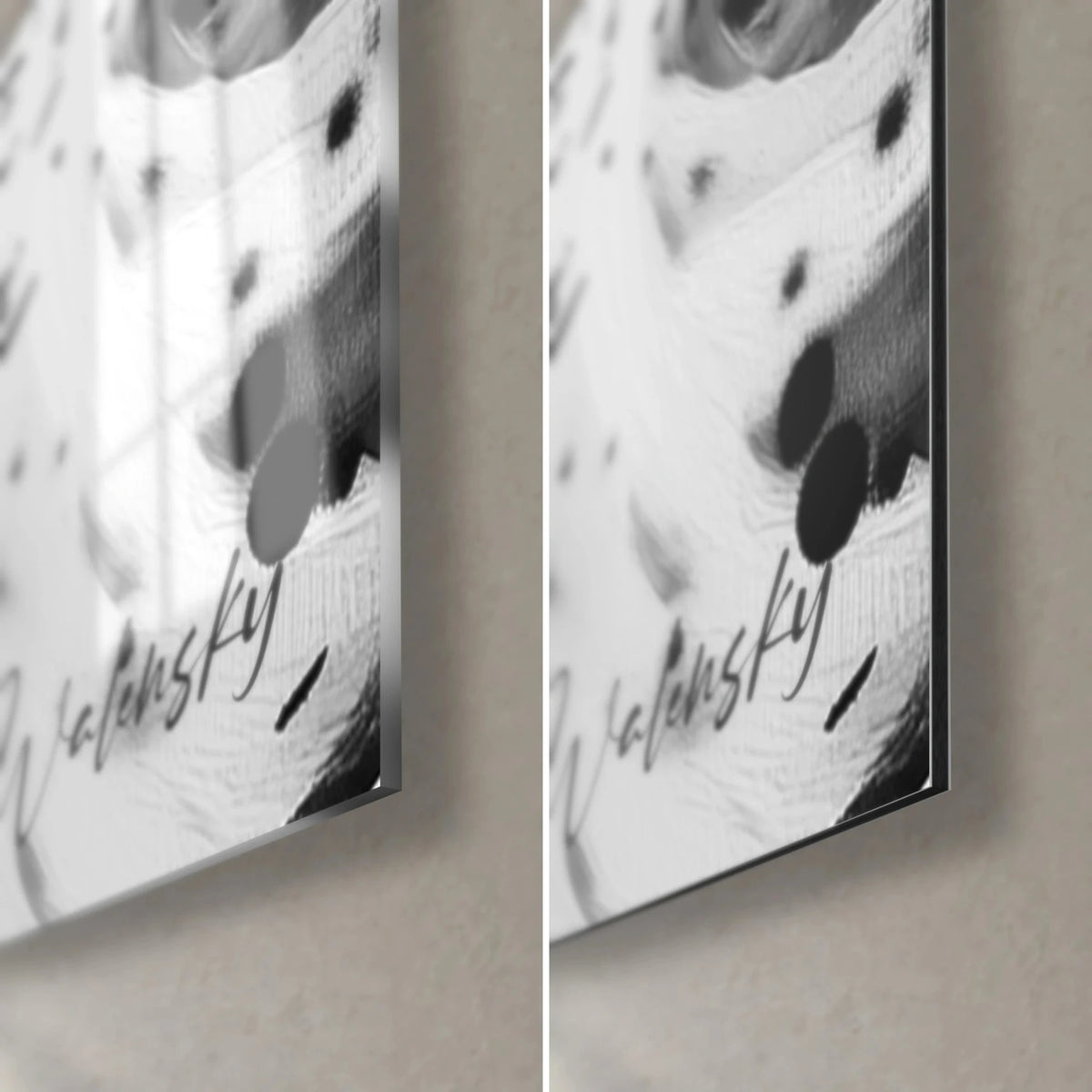 Cuadro rosas monocromas, firma Walensky, esquina inferior derecha: cristal brillante con reflejos, aluminio Dibond mate gris, canto de 3 mm