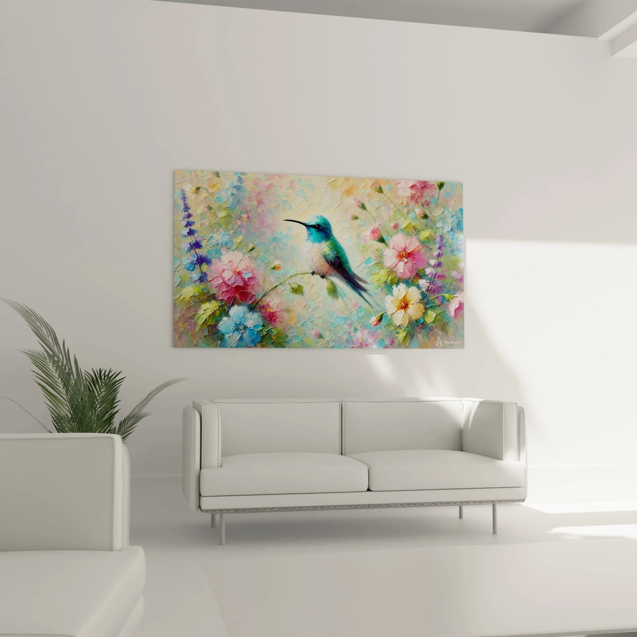 tableau colibri au-dessus d’un canapé dans un salon moderne eclat de couleurs mouvement fleurs et nature vive

