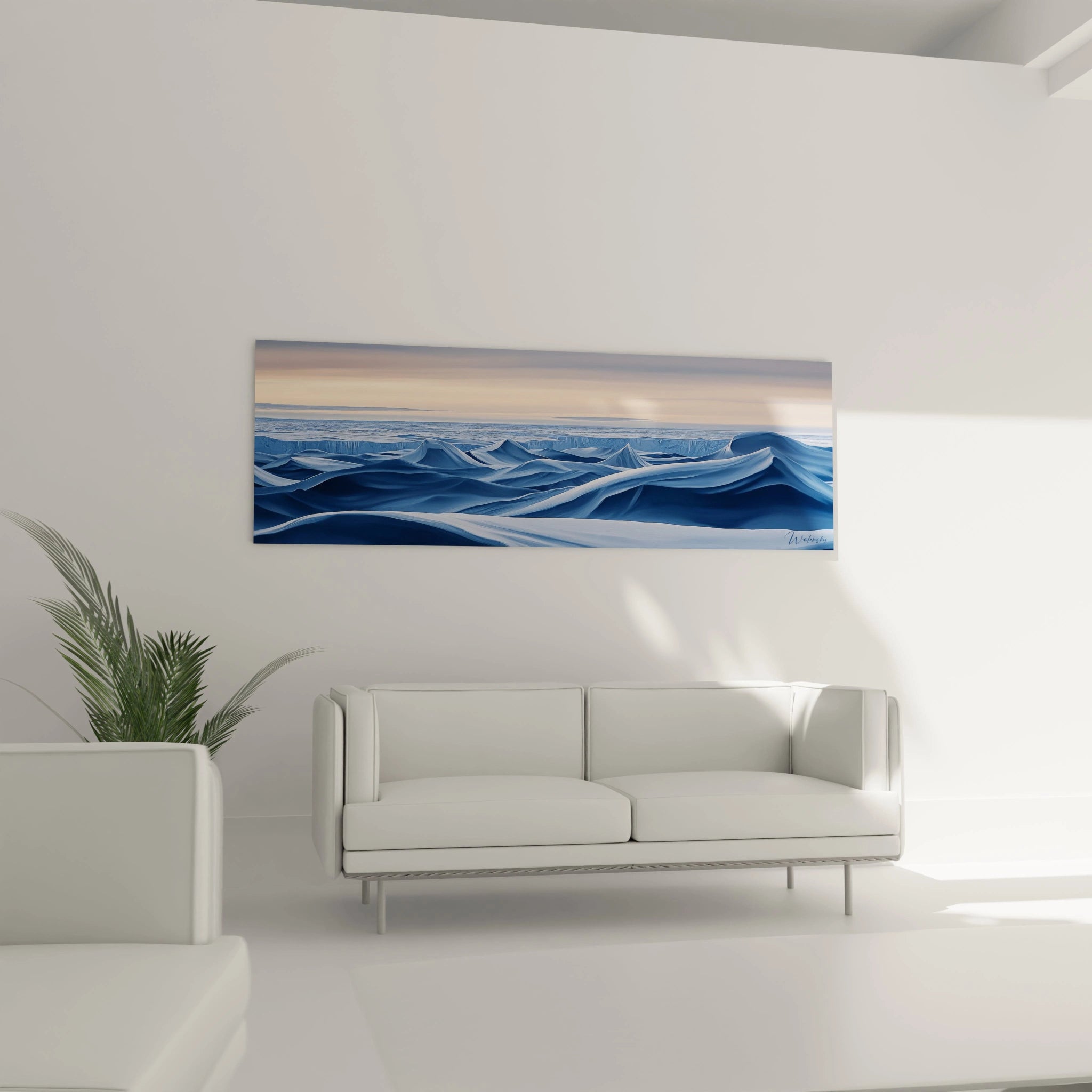 Tableau paysage hivernal capturant l'immensité d'un territoire glacé aux formes ondulantes. Les différentes nuances de bleu créent un relief saisissant sous un ciel aux teintes douces, évoquant la lumière particulière des régions polaires au crépuscule.
