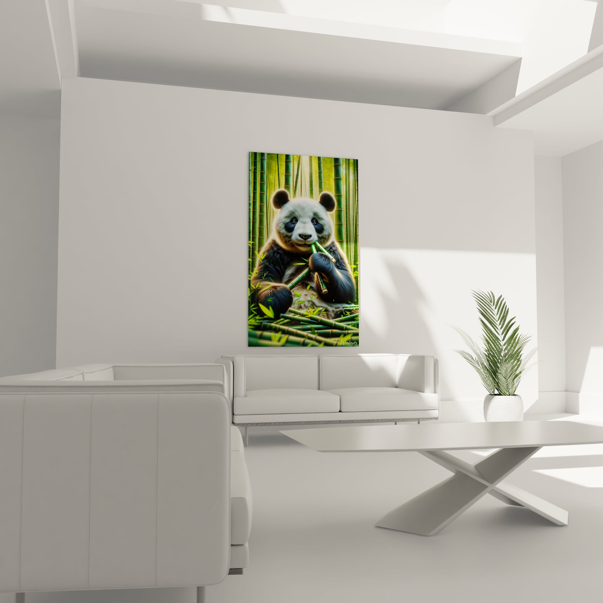 Un tableau d'animal montrant un panda en train de manger un morceau de bambou dans son habitat naturel. La texture soyeuse du pelage contrastant entre les zones noires et blanches est rendue avec précision. L'environnement composé de nombreuses tiges de bambou vert brillant et de feuilles est baigné d'une lumière dorée qui filtre à travers les plantes.
