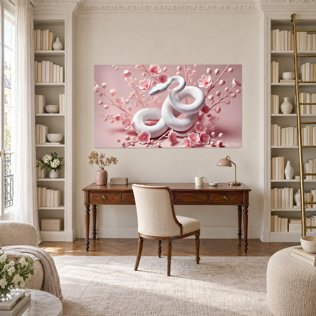 Tableau serpent porcelaine lové sous des branches fleuries, tons blanc et rose dragée, au-dessus d'un bureau entre deux bibliothèques blanches