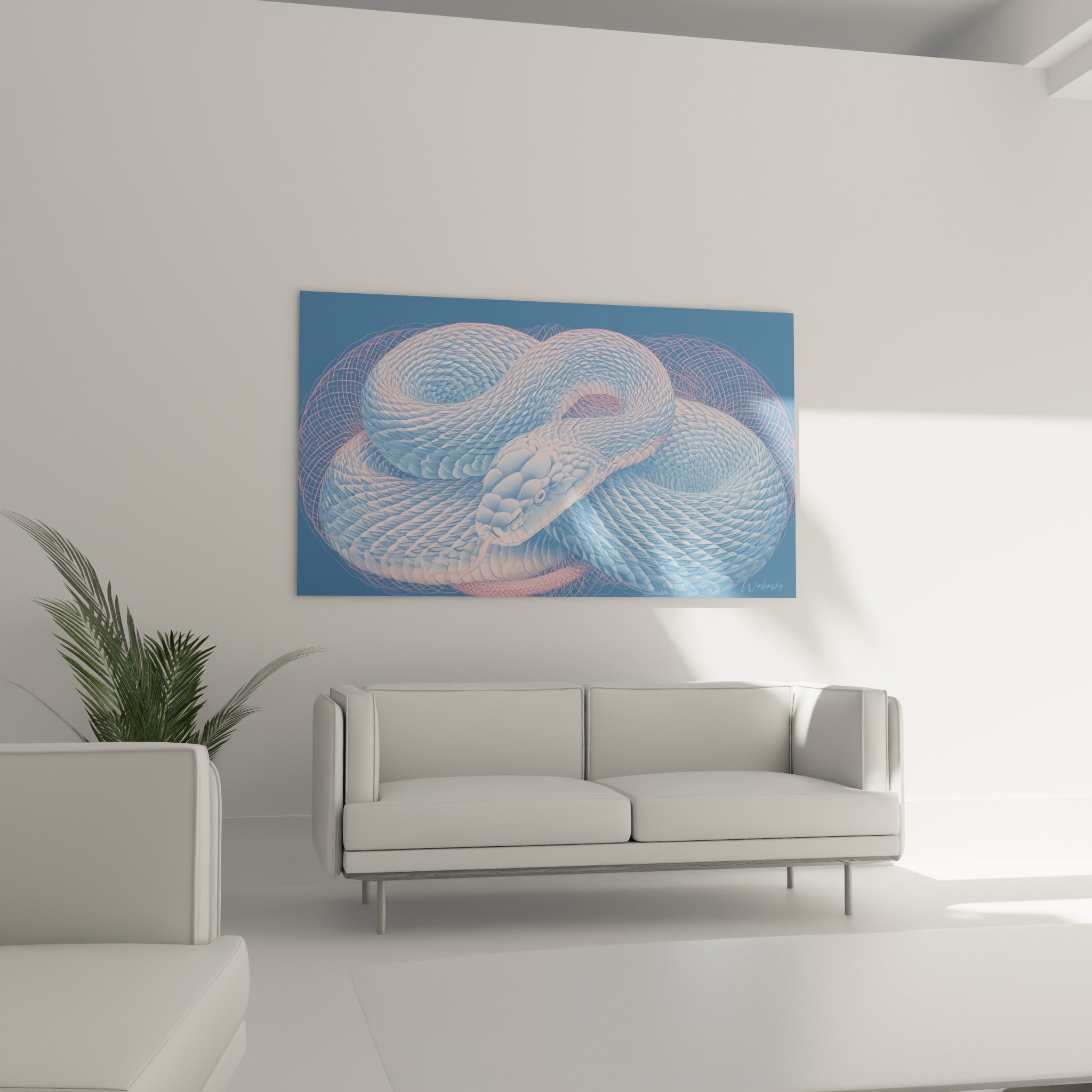 Anneaux serpentins bleu pastel et rose poudré entrelacés, au-dessus d'un canapé dans un salon lumineux