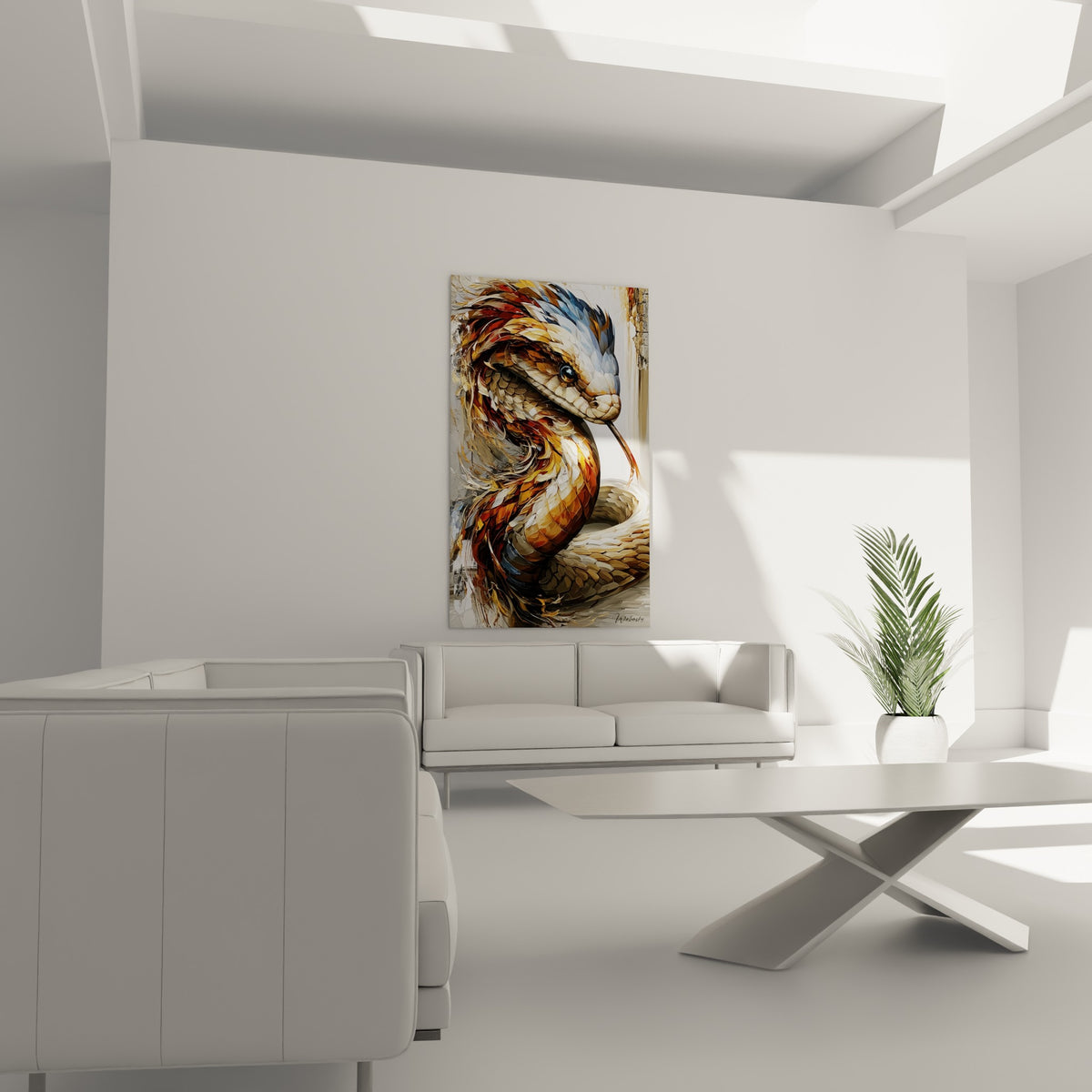 Créature ocre et anthracite en spirale, écailles texturées, suspendue au-dessus d'un canapé dans un salon lumineux