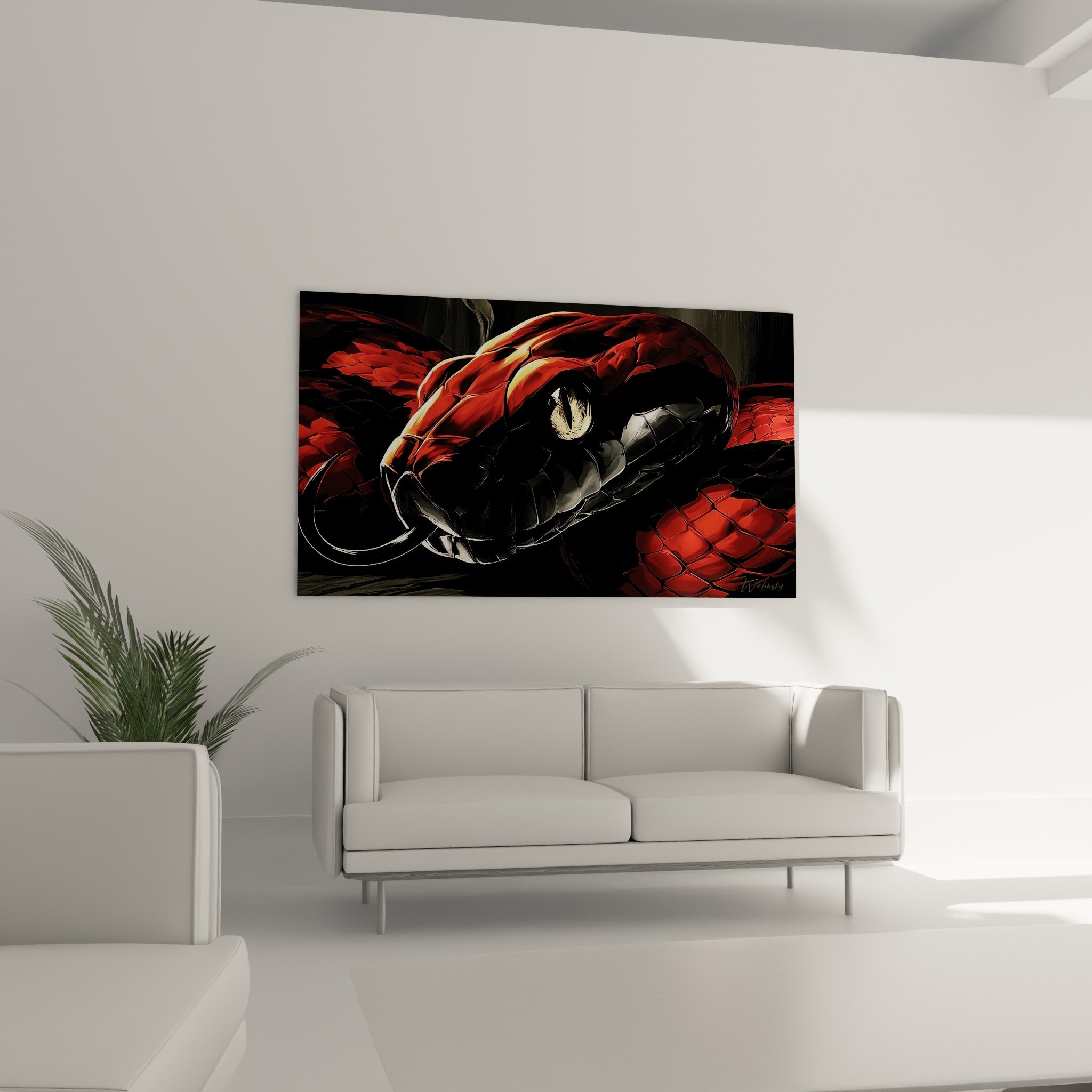 Créature ophidienne rouge et noire au regard doré, suspendue au-dessus d'un canapé dans un salon lumineux