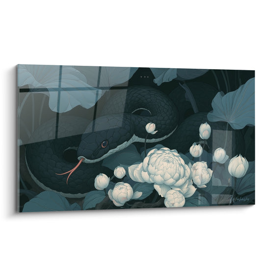 Serpent anthracite enroulé parmi pivoines blanches, tableau aux teintes bleu nuit et écailles détaillées