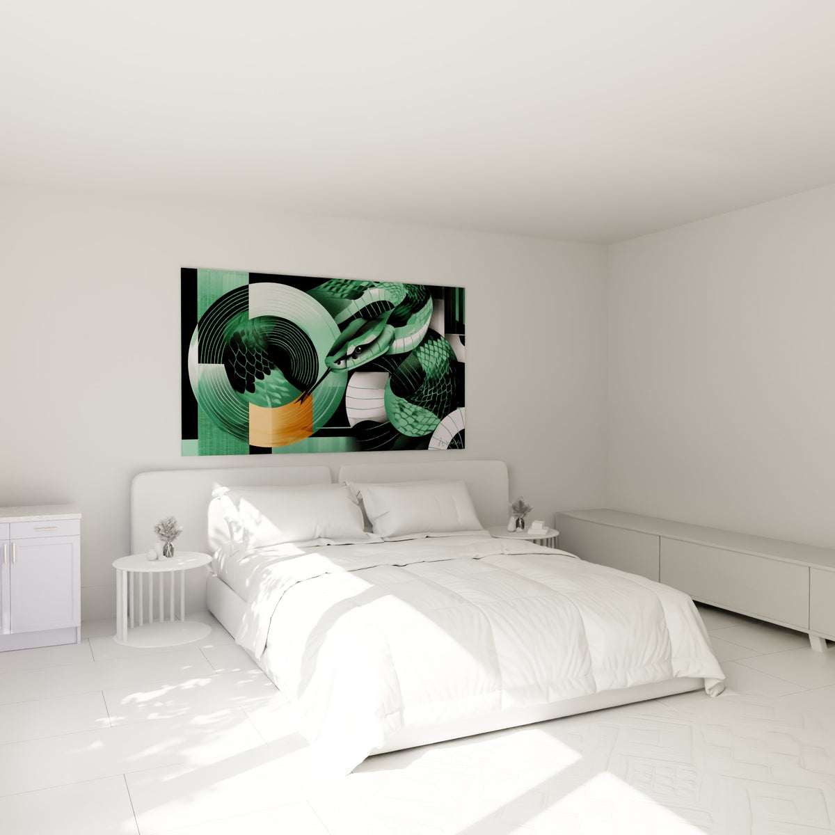Reptile vert sauge et ocre lové en spirale, au-dessus d'un lit dans une chambre claire