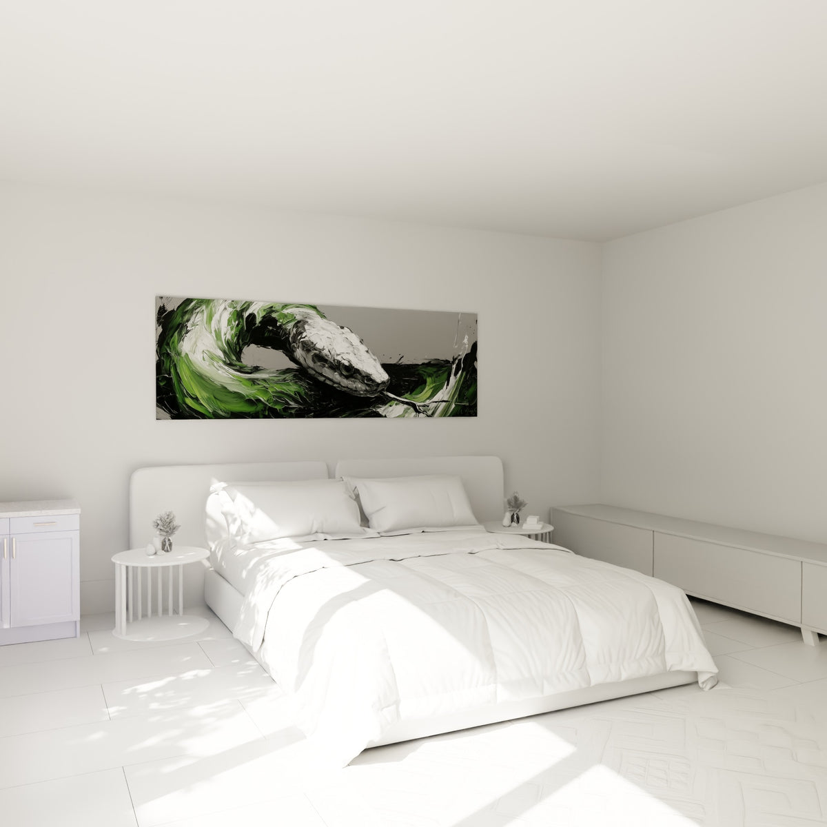Reptile en spirale vert et blanc, matière épaisse, au-dessus d'un lit dans une chambre claire.