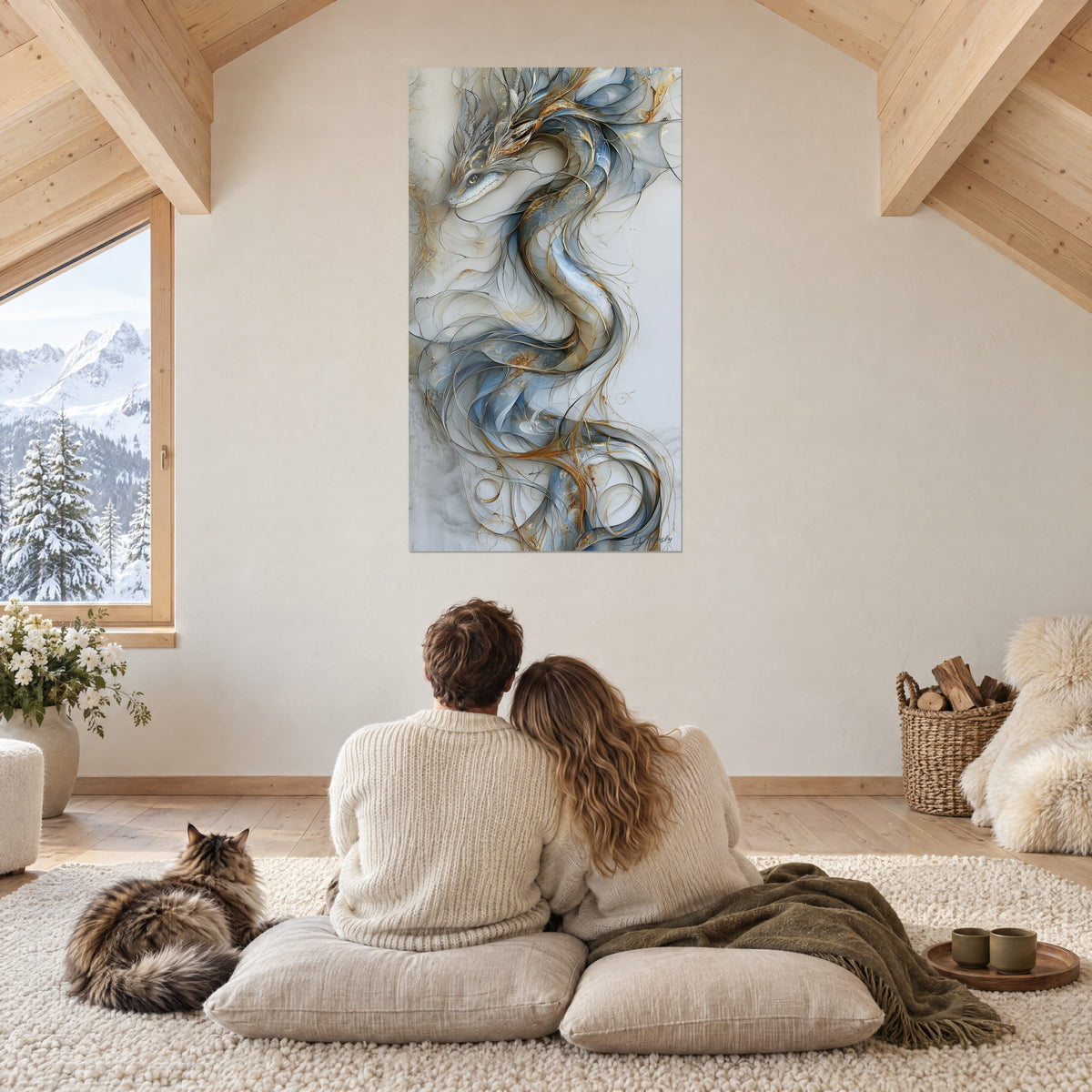 Tableau dragon aux mille filaments dorés sur fond blanc nacré et bleu glacier, face à un couple et un chat dans un chalet