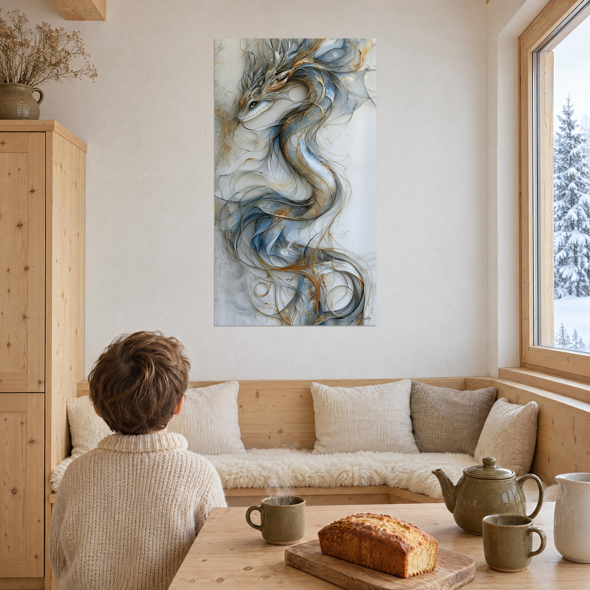 Tableau métamorphose éthérée d'un serpent aux méandres bleu gris et cuivre doré, face à un enfant attablé dans un chalet
