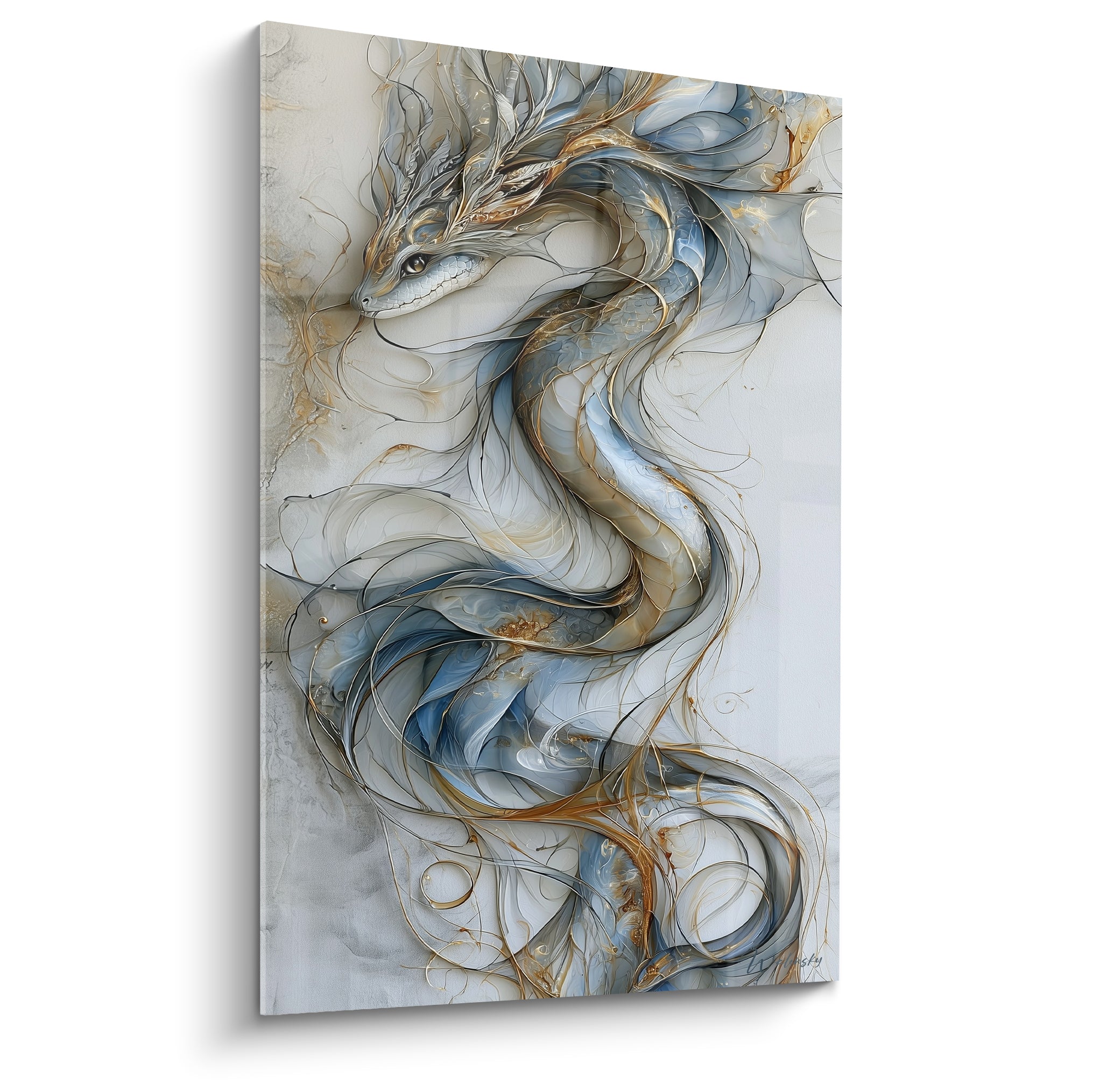 Serpent bleu marine et doré en volutes fluides sur fond gris et blanc cassé texturé