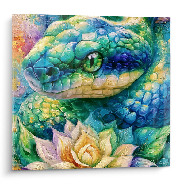 Tableau Serpent bleu et vert près d'un lotus - Éveil du jardin - Edition Serpent