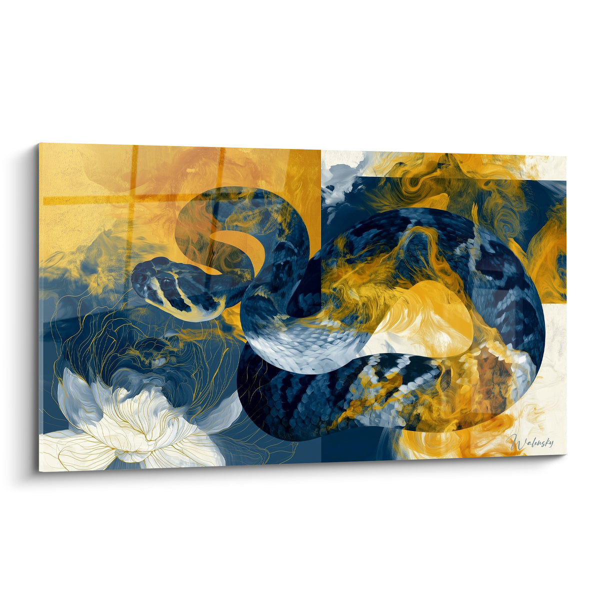 Serpent bleu marine et doré enroulé autour d'un lotus blanc, art graphique raffiné