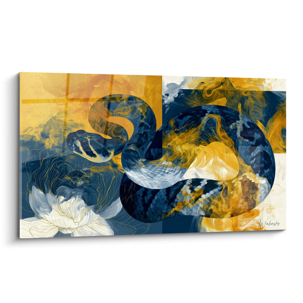 Tableau Serpent enroulé bleu marine et doré - Sagesse ondulante - Edition Serpent
