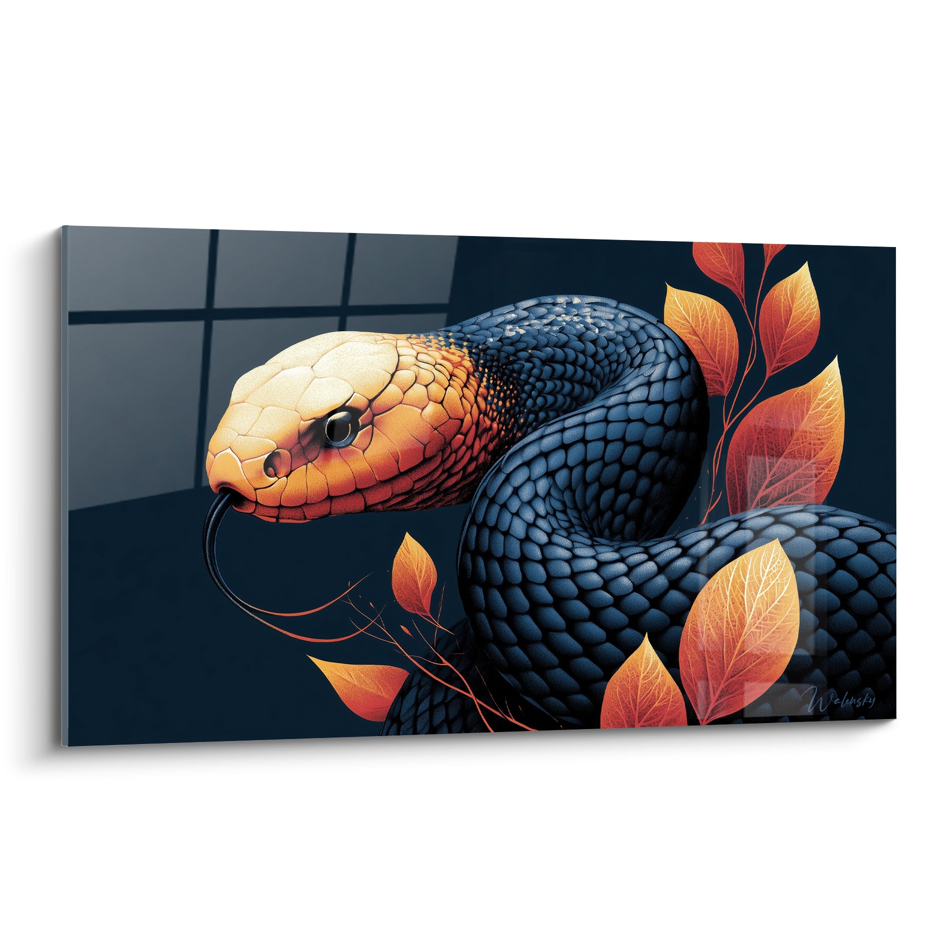 Serpent enroulé aux écailles bleu nuit, tête ocre et crème, langue rouge tendue, feuilles orangées