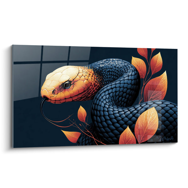 Tableau Serpent noir et orange parmi feuilles d'automne - Langue fourchue tendue - Edition Serpent