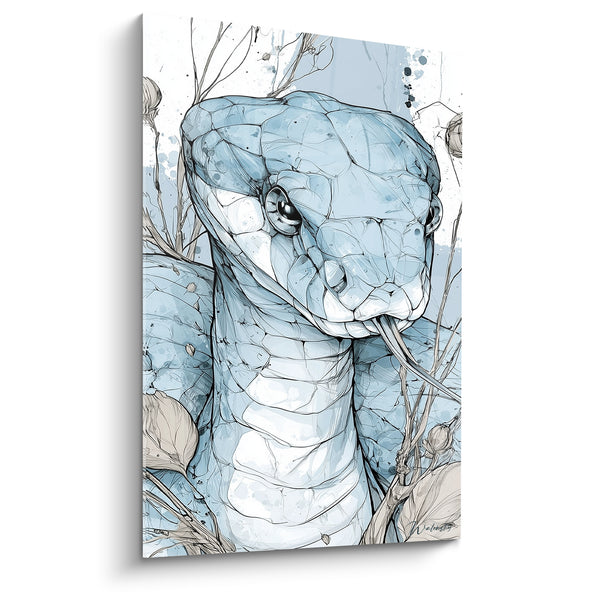 Tableau Serpent bleu et blanc parmi branches sèches - Croquis à l'encre - Edition Serpent