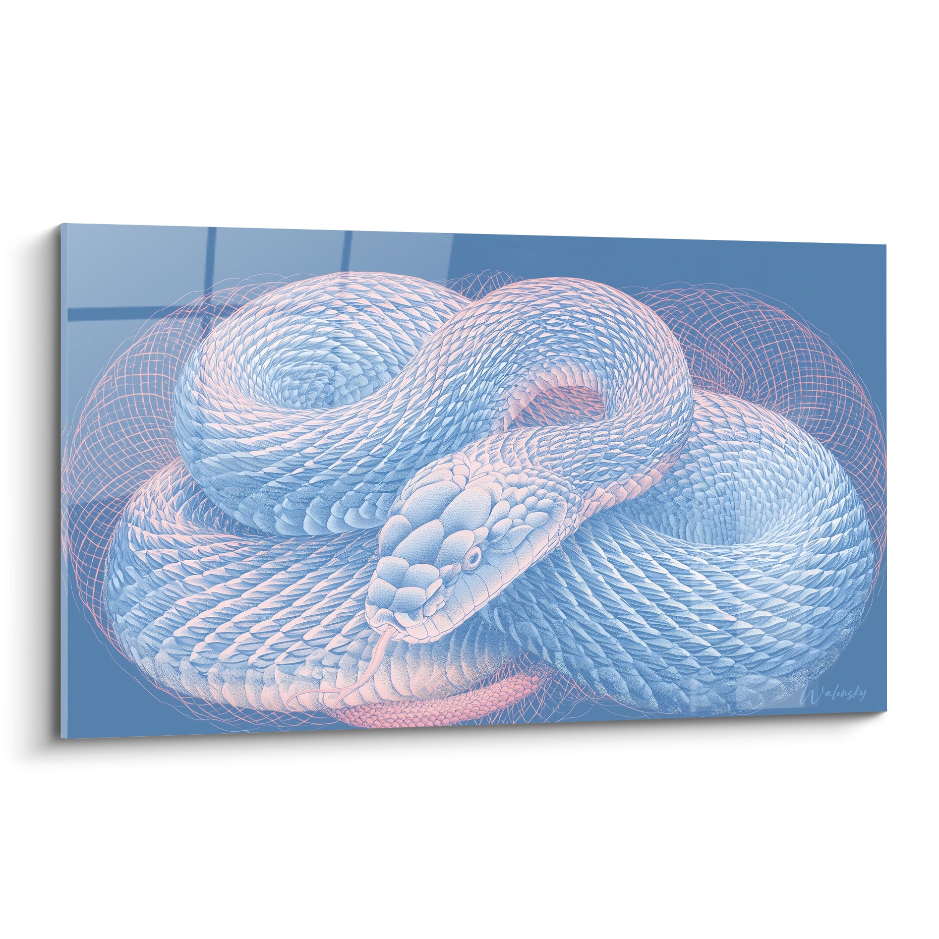 Serpent enroulé en bleu pastel et rose poudré, langue tendue, écailles finement détaillées