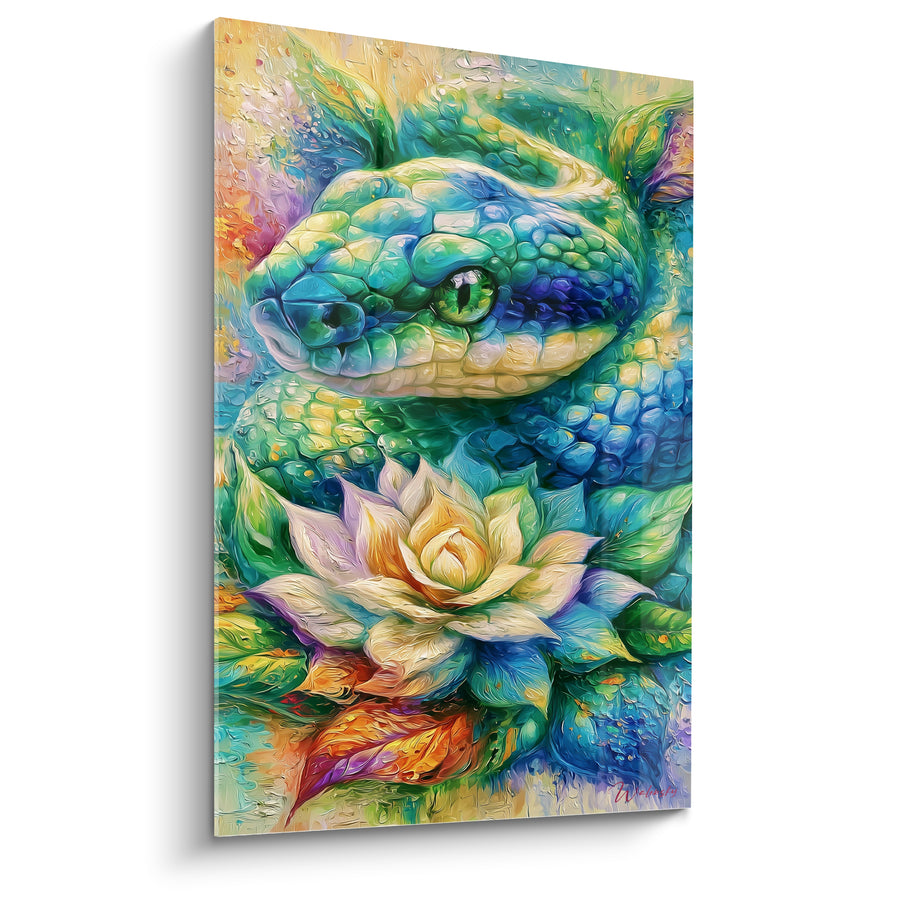 Tableau Serpent bleu et vert lové sur une fleur de lotus - Œil vert émeraude - Edition Serpent