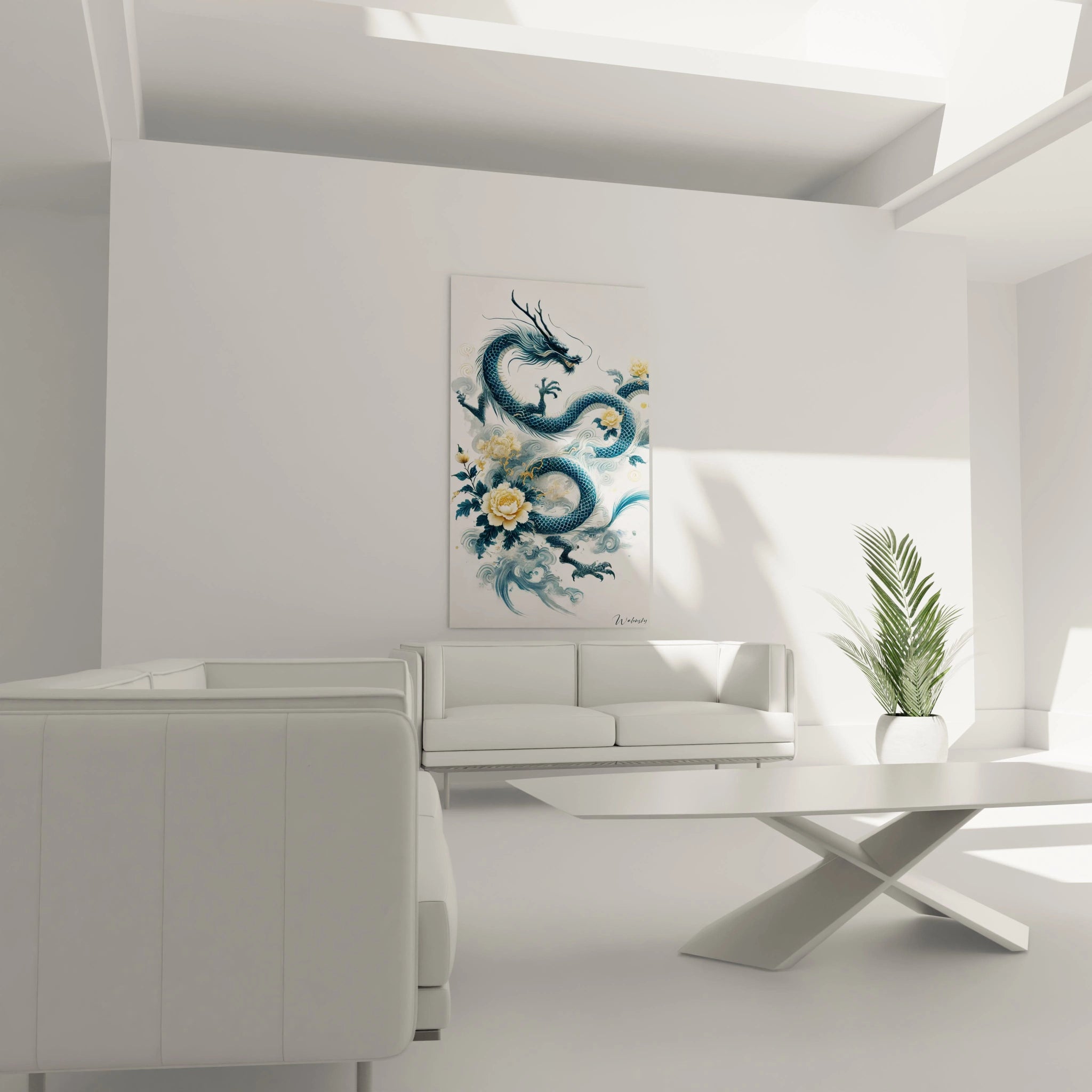 tableau asie dans un salon au-dessus du canape dragon bleu vibrant pivoines creme nuages or texture riche attire tous les regards parfait pour un interieur elegant et inspire


