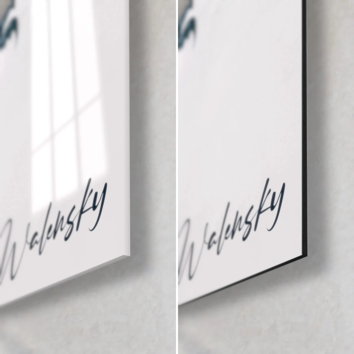 Wall art of an Asian dragon, bottom right corner: glossy acrylic glass on the left, matte black Dibond on the right, Walensky signature