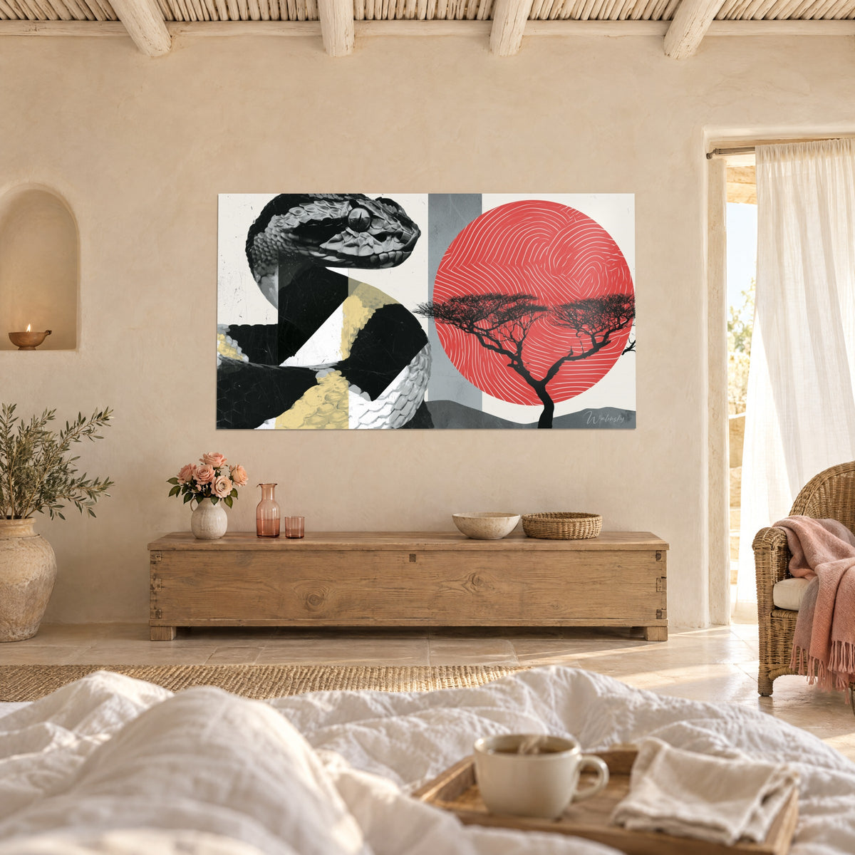 Wall art of a monochrome cobra and sand-coloured body coiled beside a striped red star, black acacia, above a bed in a bright bedroom