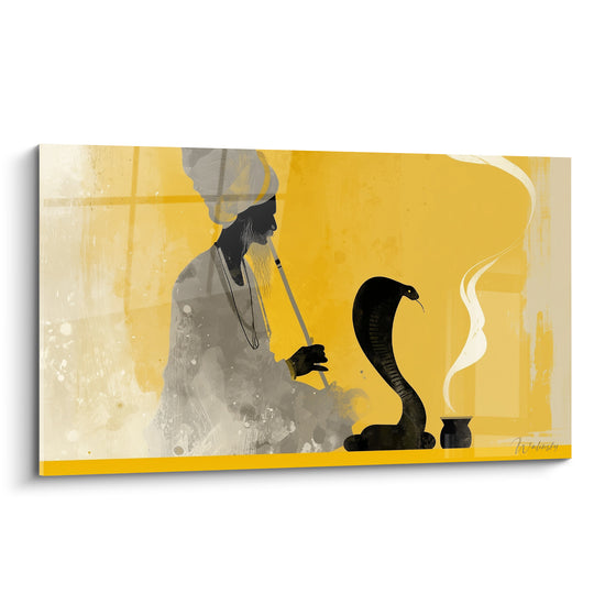 Charmeur de serpent en silhouette anthracite face à un cobra noir sur fond jaune ocre